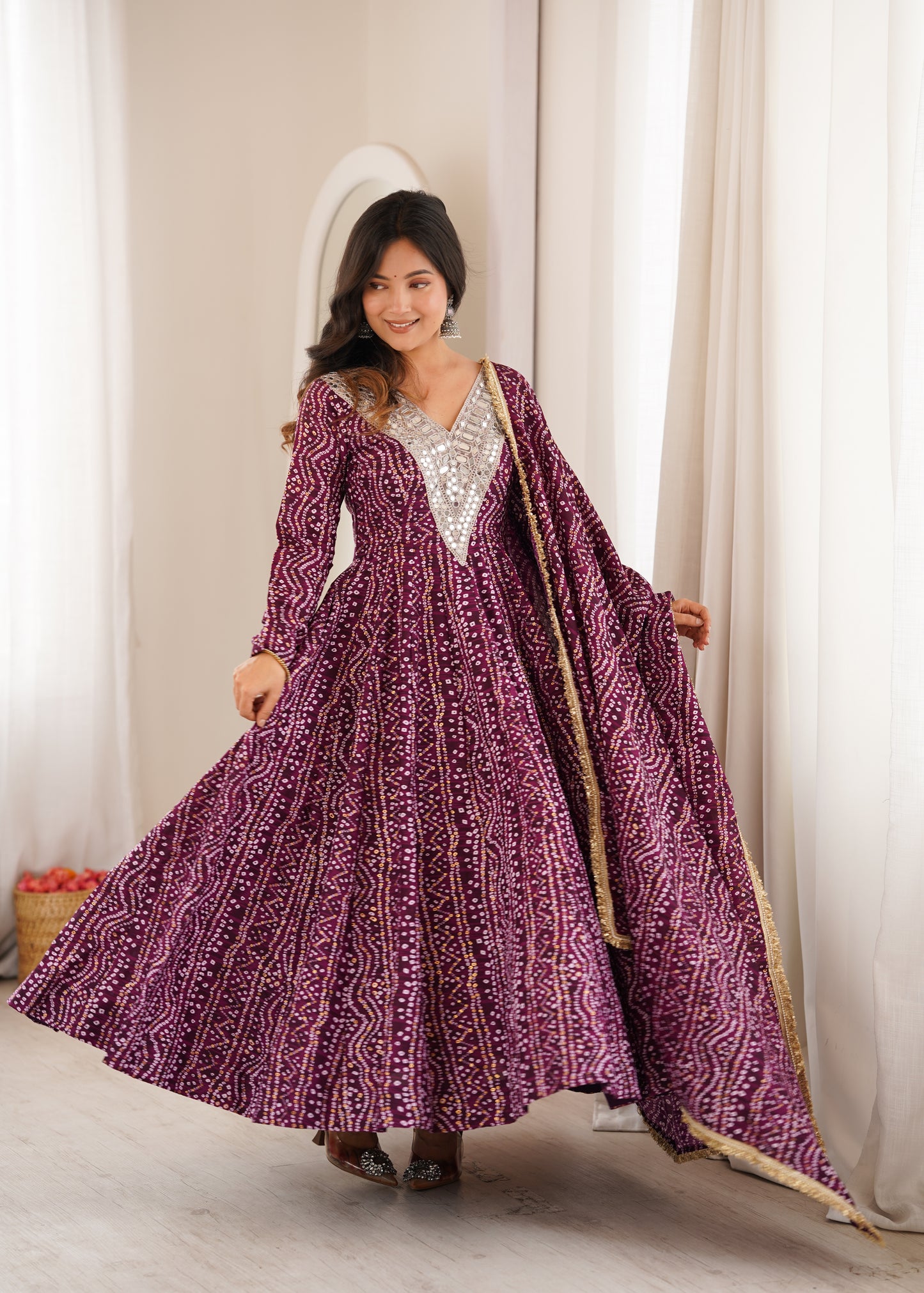 Wine Purple Mirror Work Anarkali Gown Set for Women | Wedding, Sangeet & Party Wear