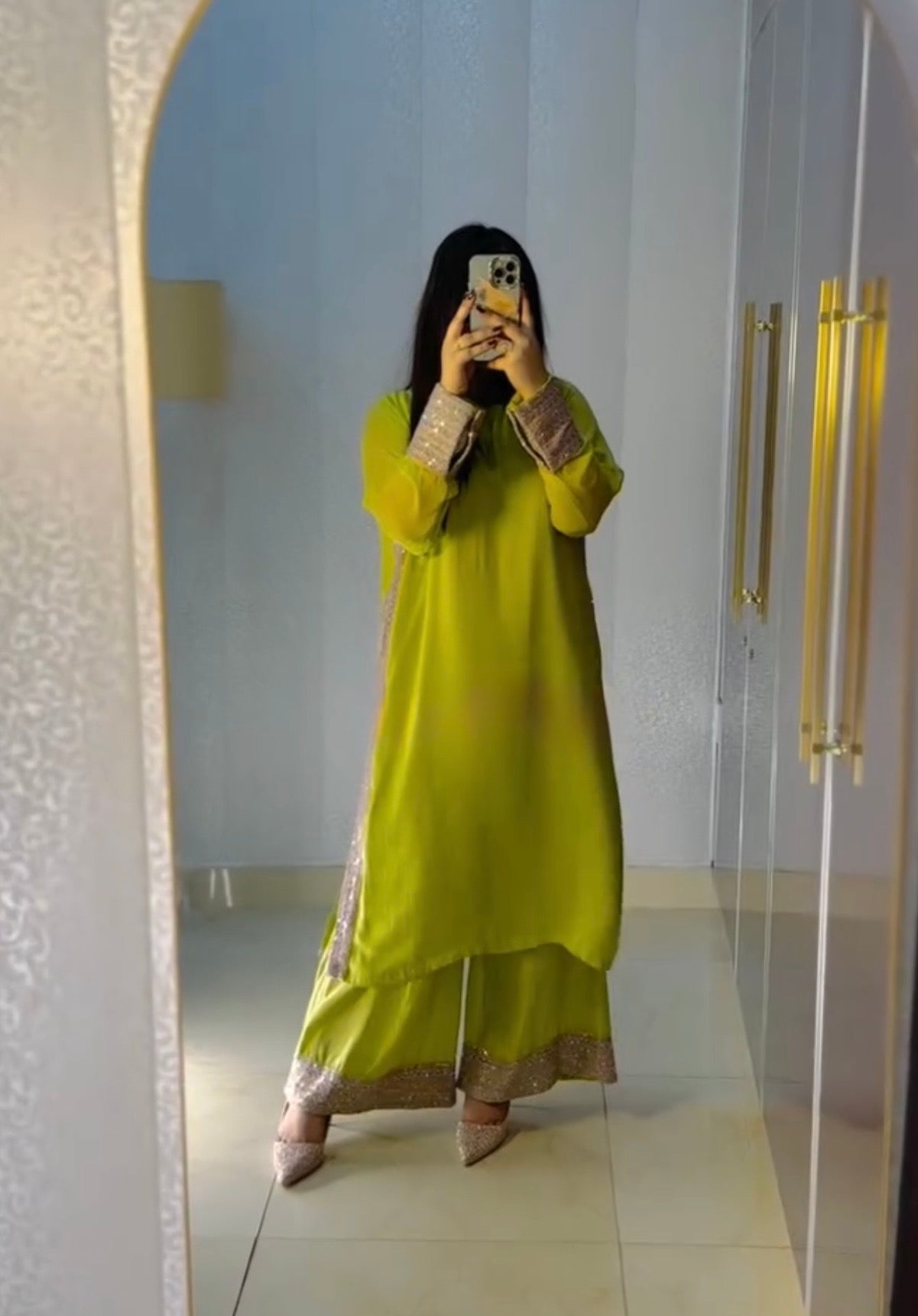 Modern Wedding Reception Lime Green Faux Georgette Long Kurta & Sequence Work Set Palazzo Suit