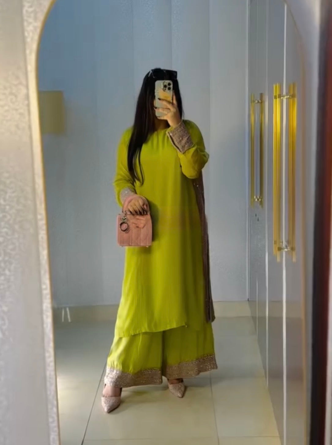 Modern Wedding Reception Lime Green Faux Georgette Long Kurta & Sequence Work Set Palazzo Suit