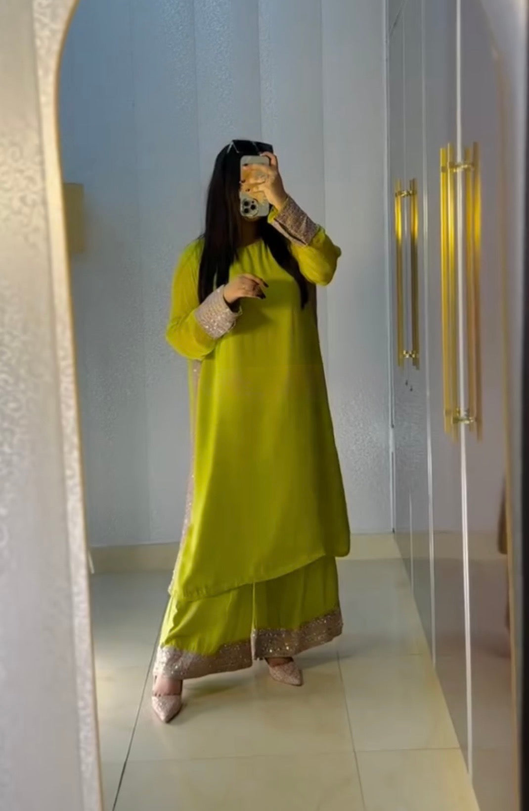 Modern Wedding Reception Lime Green Faux Georgette Long Kurta & Sequence Work Set Palazzo Suit