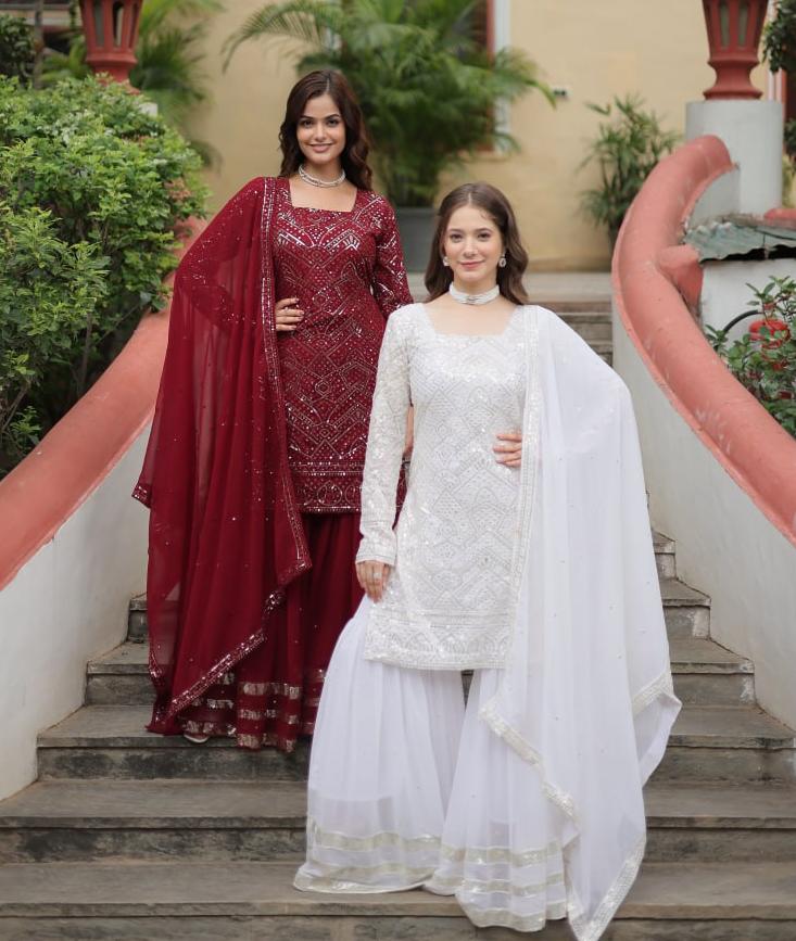 Mesmerizing Faux Georgette Sequins Thread Worked Top Sharara Suit - INDIAN ELEGANCE