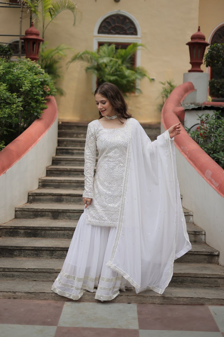 Mesmerizing Faux Georgette Sequins Thread Worked Top Sharara Suit - INDIAN ELEGANCE