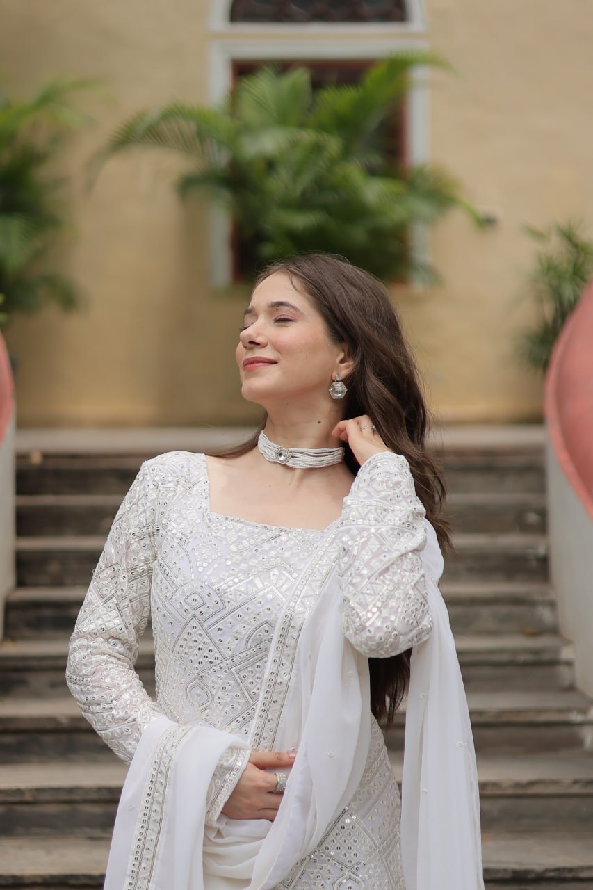 Mesmerizing Faux Georgette Sequins Thread Worked Top Sharara Suit - INDIAN ELEGANCE