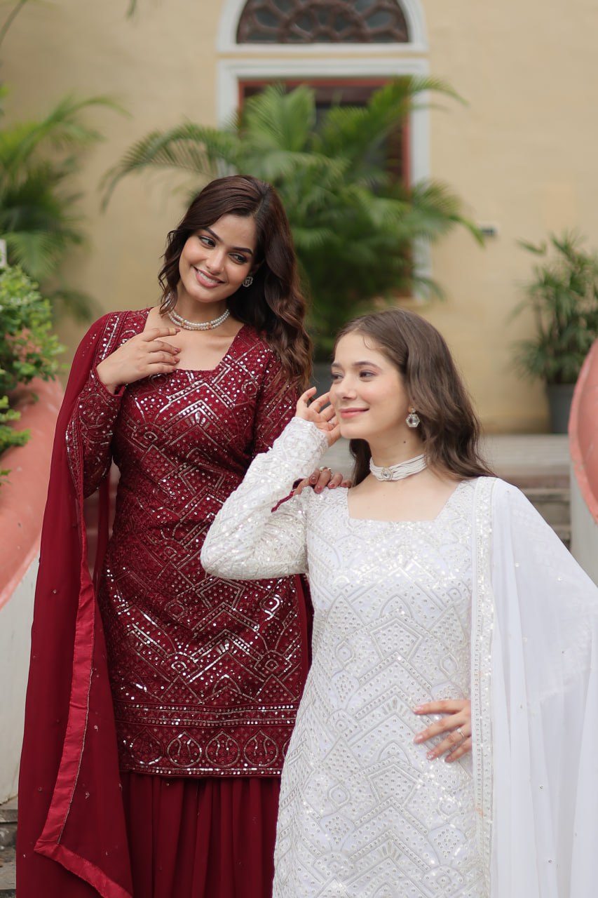 Mesmerizing Faux Georgette Sequins Thread Worked Top Sharara Suit - INDIAN ELEGANCE