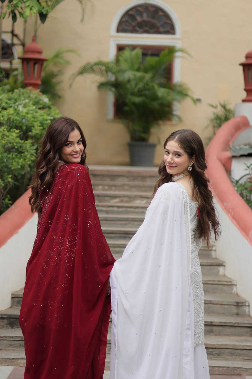 Mesmerizing Faux Georgette Sequins Thread Worked Top Sharara Suit - INDIAN ELEGANCE