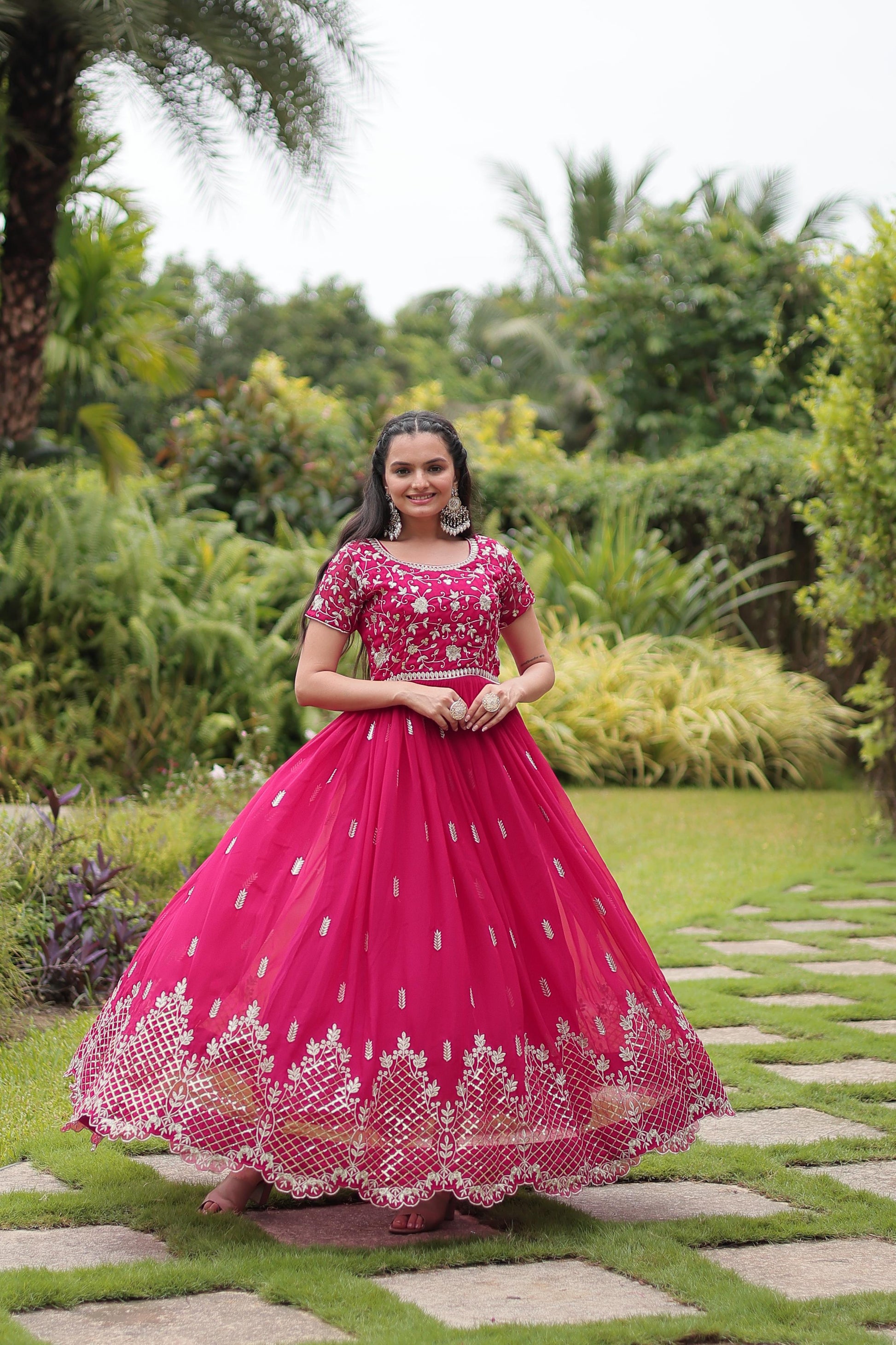 Graceful Faux Georgette Sequins Zari Worked Gown With Dupatta - INDIAN ELEGANCE