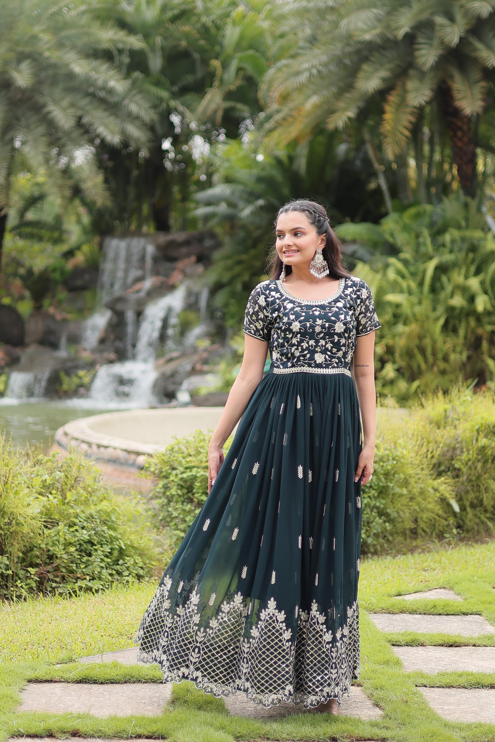 Graceful Faux Georgette Sequins Zari Worked Gown With Dupatta - INDIAN ELEGANCE