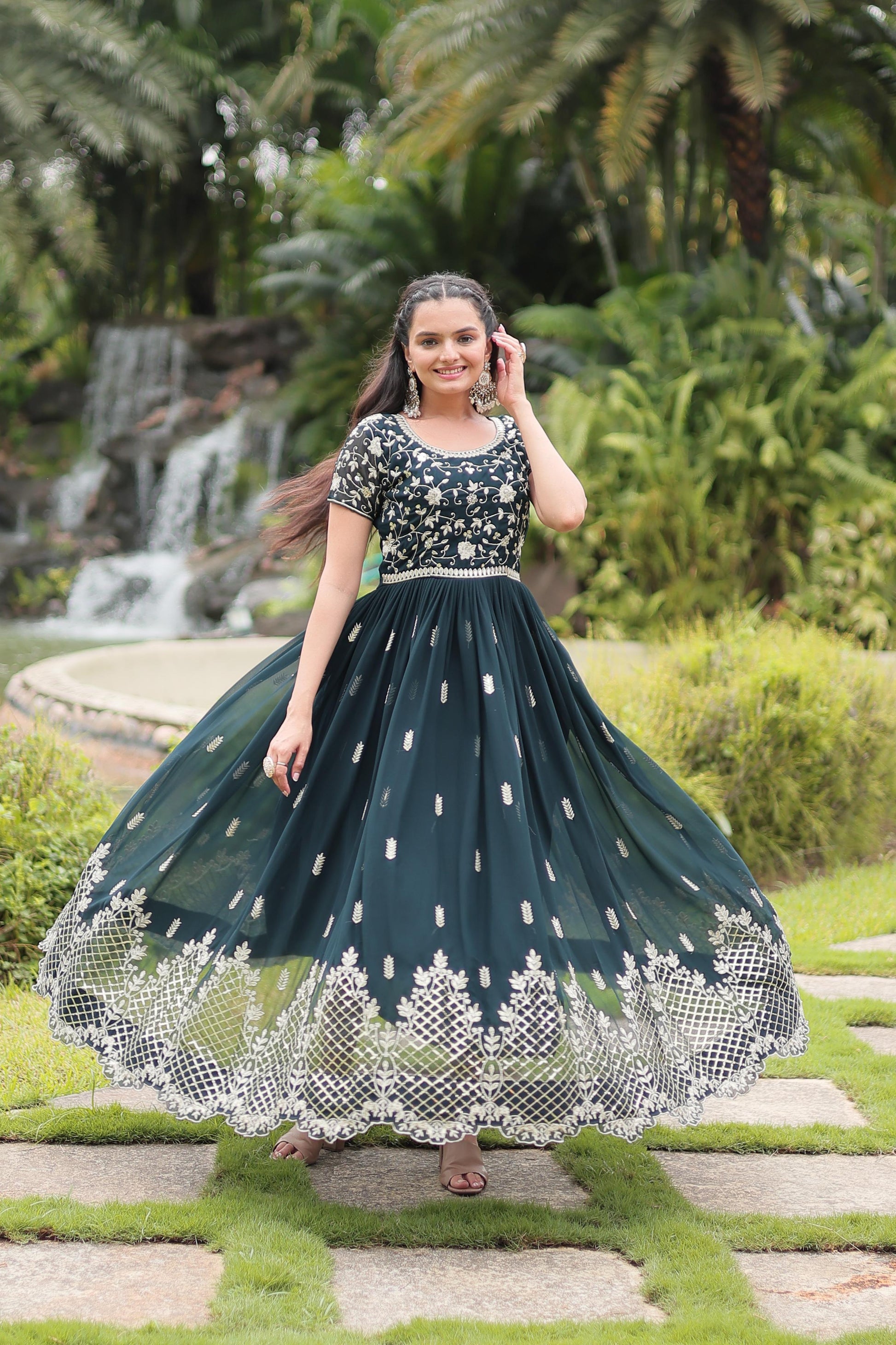Graceful Faux Georgette Sequins Zari Worked Gown With Dupatta - INDIAN ELEGANCE