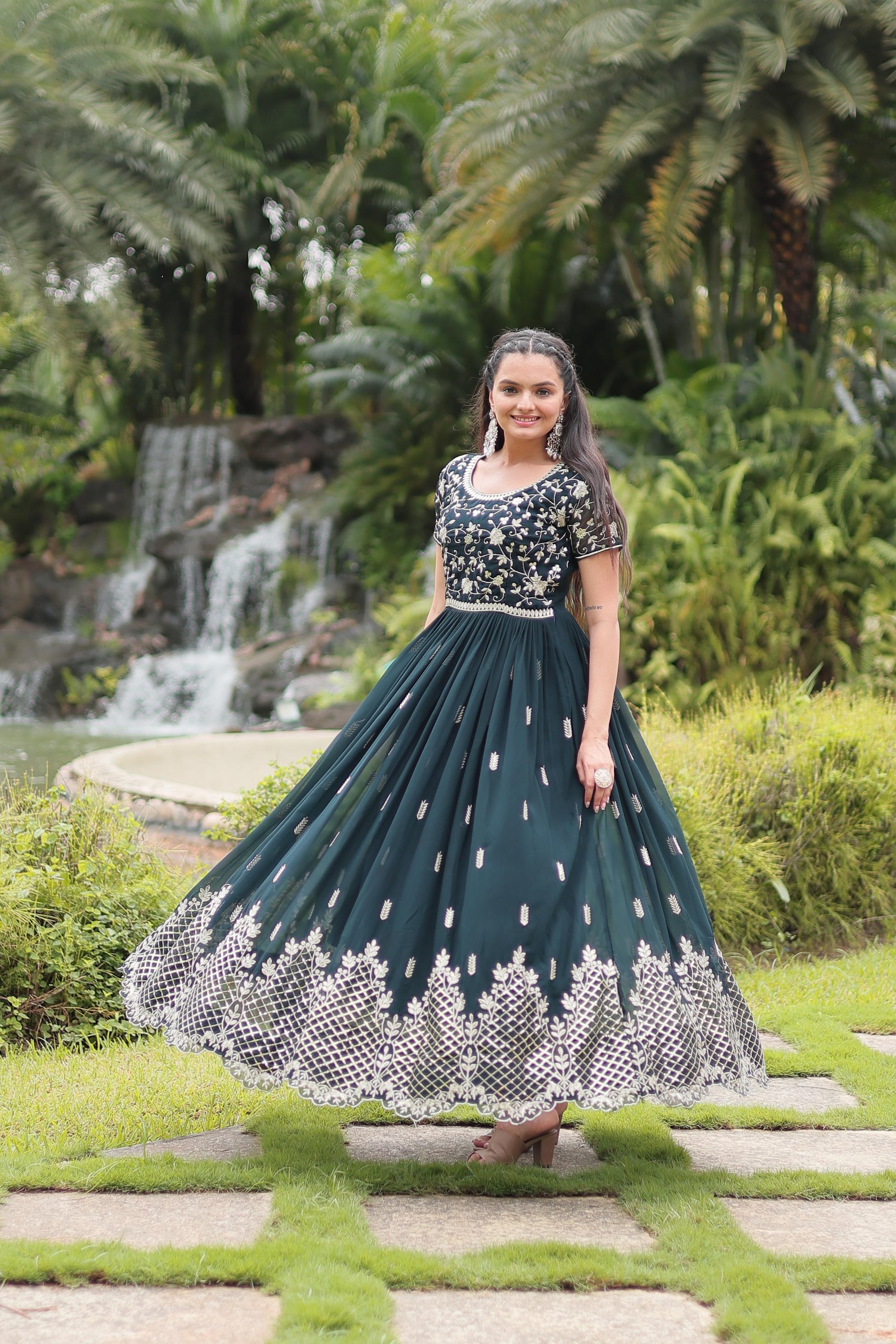 Graceful Faux Georgette Sequins Zari Worked Gown With Dupatta - INDIAN ELEGANCE