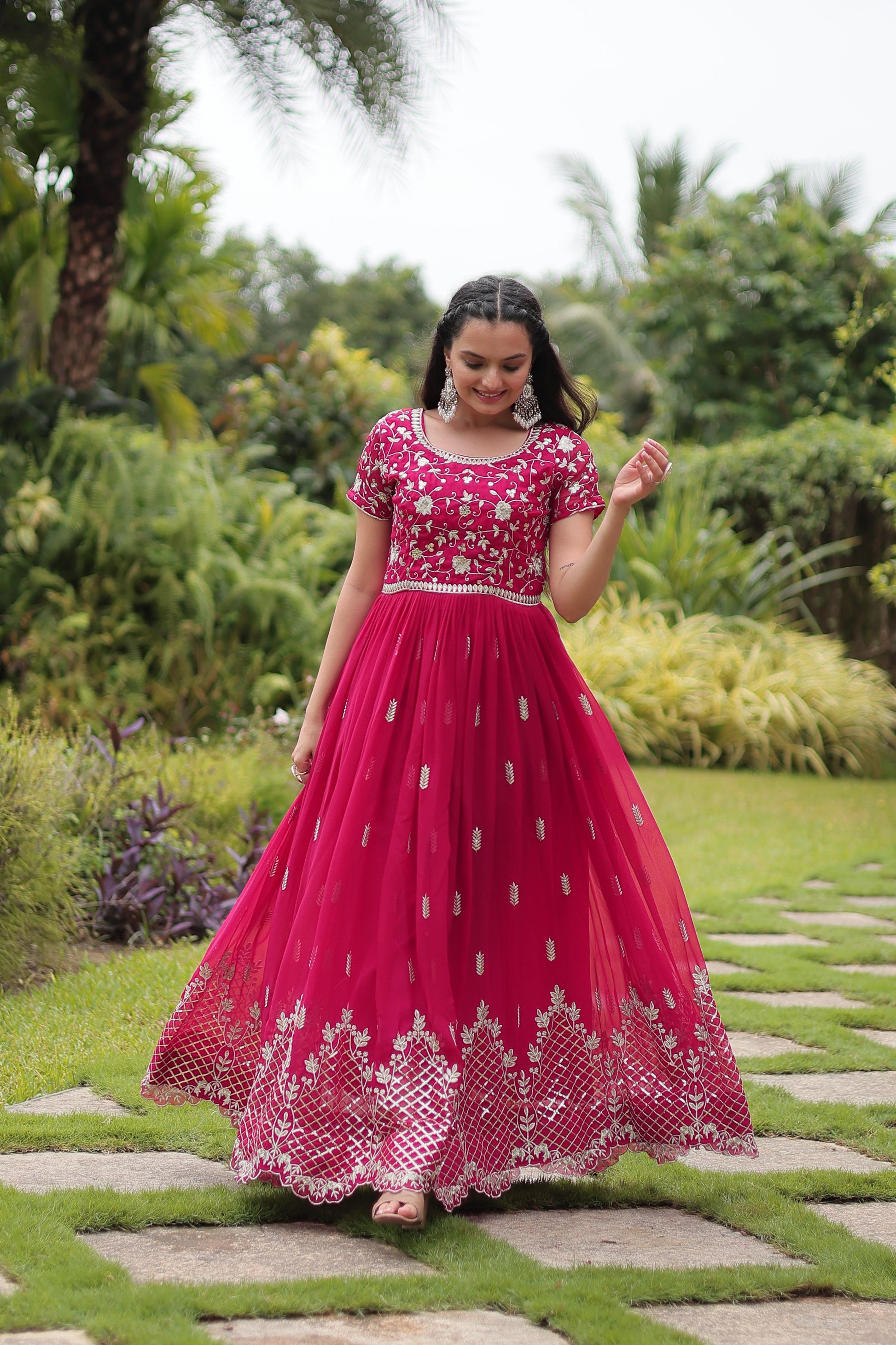 Graceful Faux Georgette Sequins Zari Worked Gown With Dupatta - INDIAN ELEGANCE