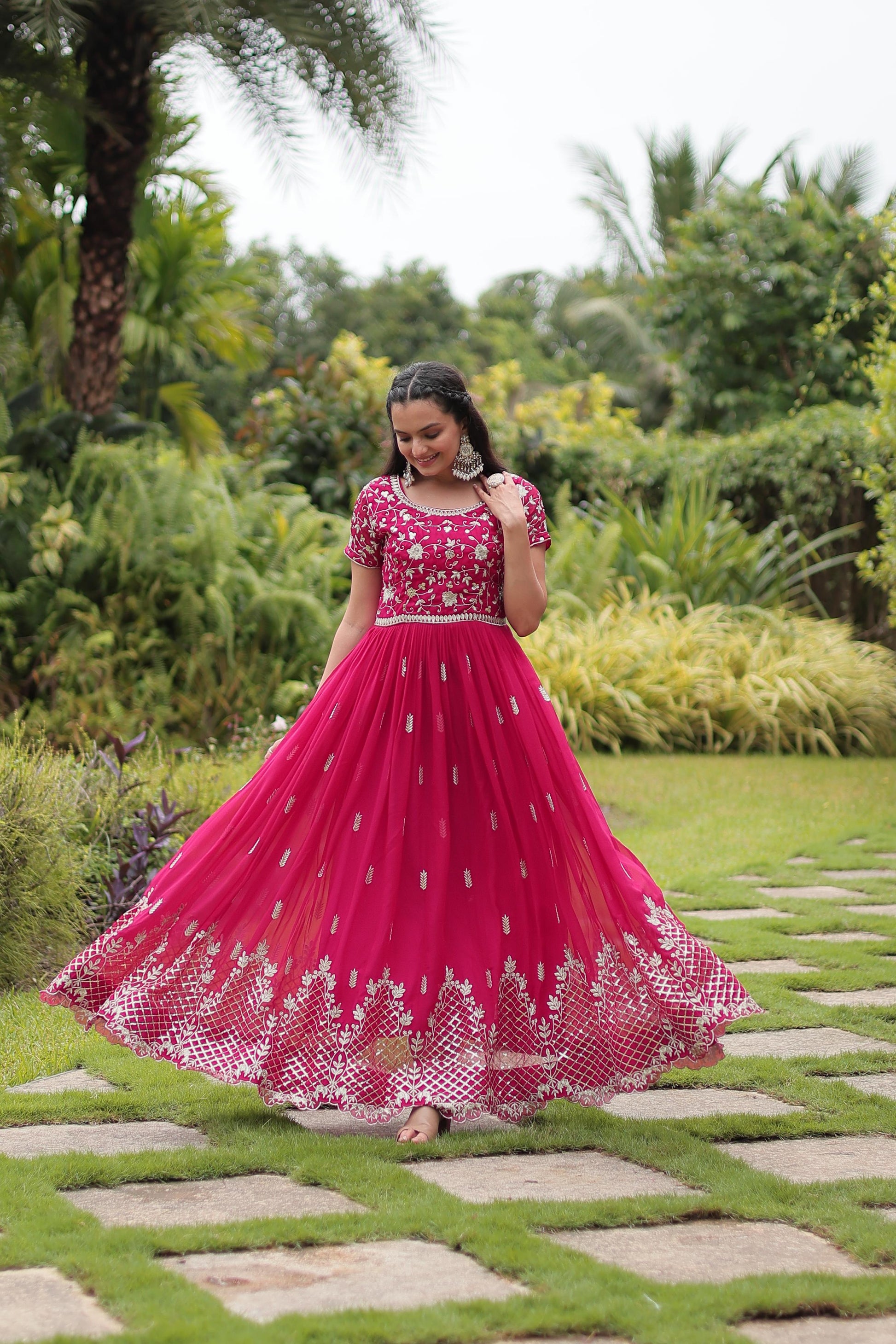 Graceful Faux Georgette Sequins Zari Worked Gown With Dupatta - INDIAN ELEGANCE