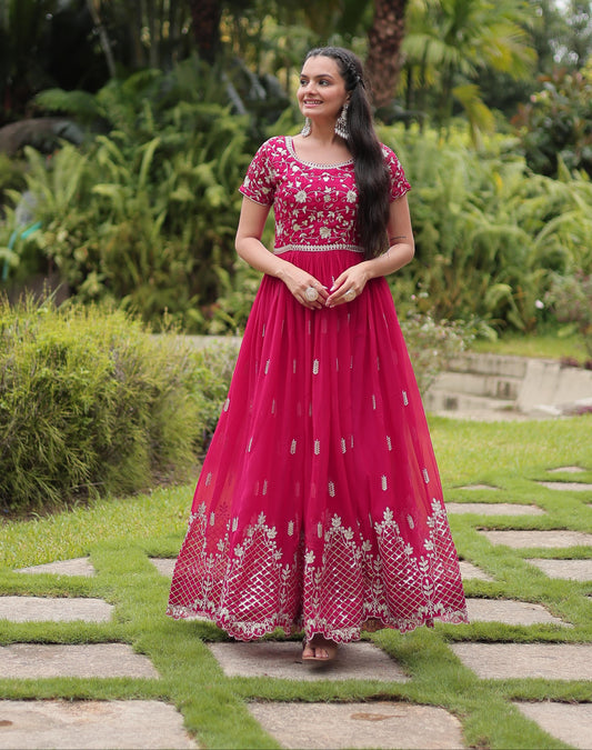 Graceful Faux Georgette Sequins Zari Worked Gown With Dupatta - INDIAN ELEGANCE