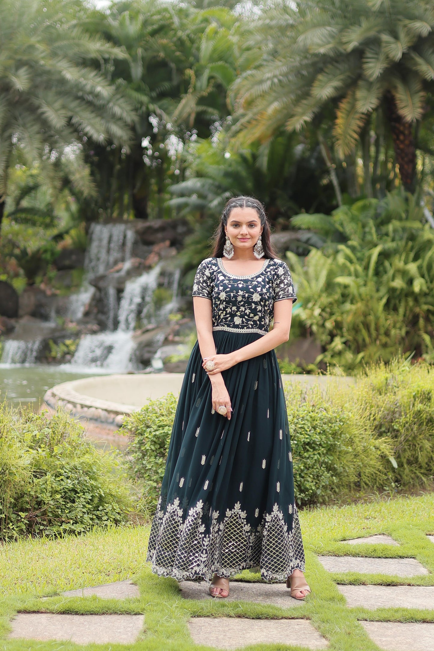 Graceful Faux Georgette Sequins Zari Worked Gown With Dupatta - INDIAN ELEGANCE