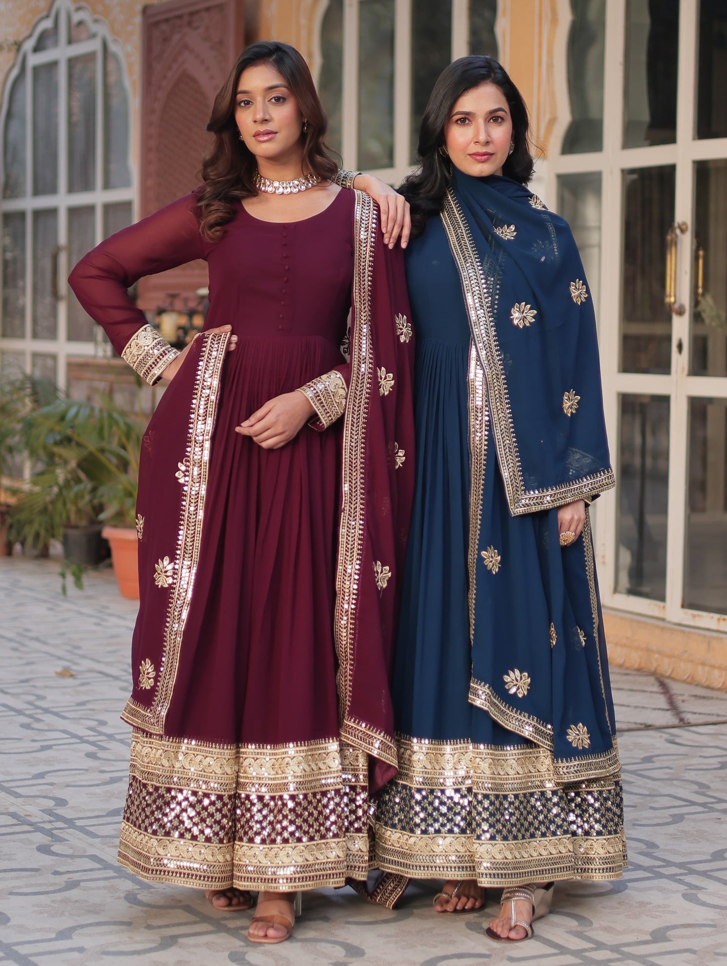 Exquisite Faux Georgette Intricate Zari Sequins Worked Gown With Dupatta - INDIAN ELEGANCE