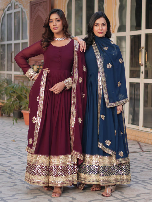 Exquisite Faux Georgette Intricate Zari Sequins Worked Gown With Dupatta - INDIAN ELEGANCE