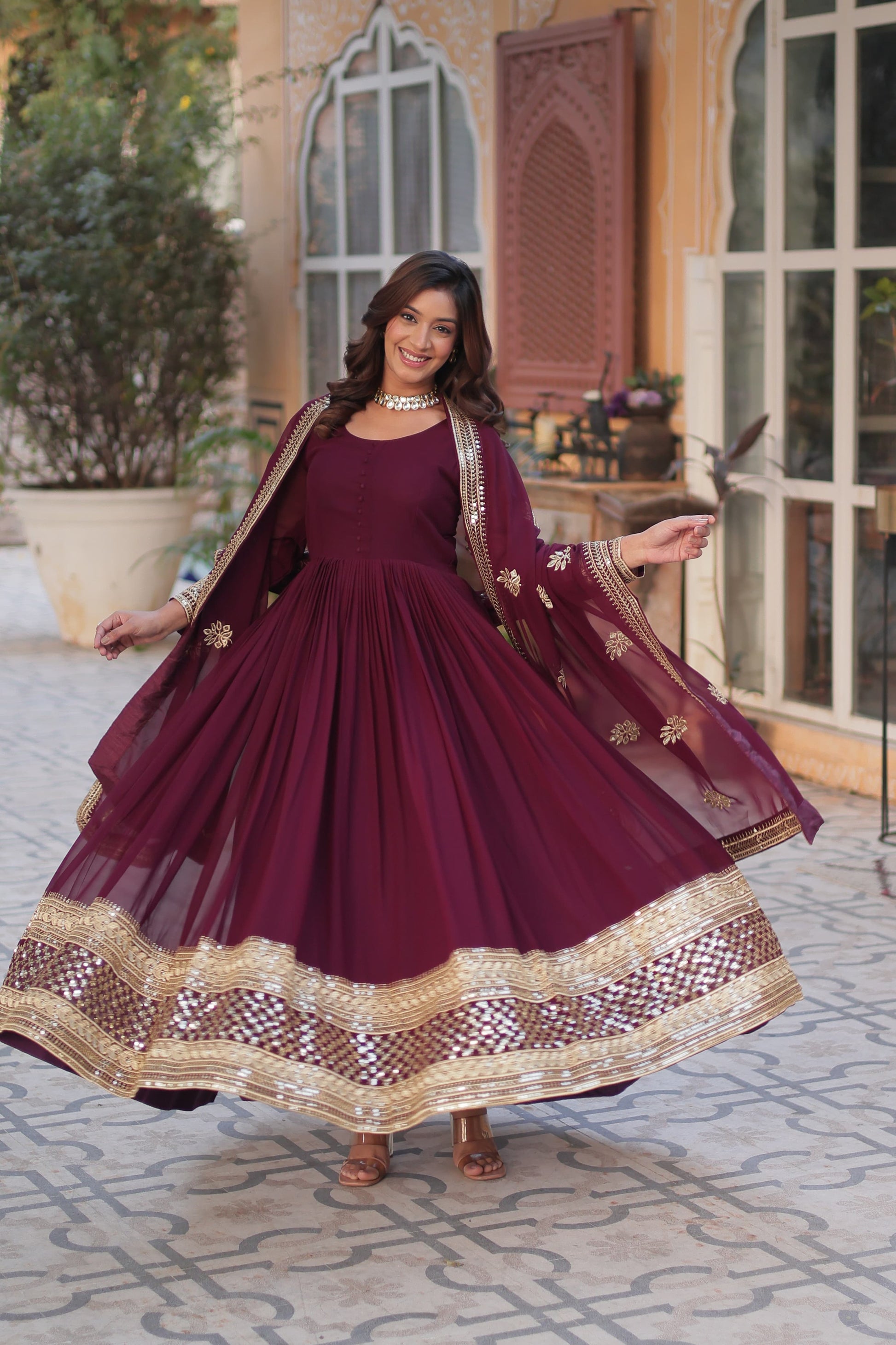 Exquisite Faux Georgette Intricate Zari Sequins Worked Gown With Dupatta - INDIAN ELEGANCE