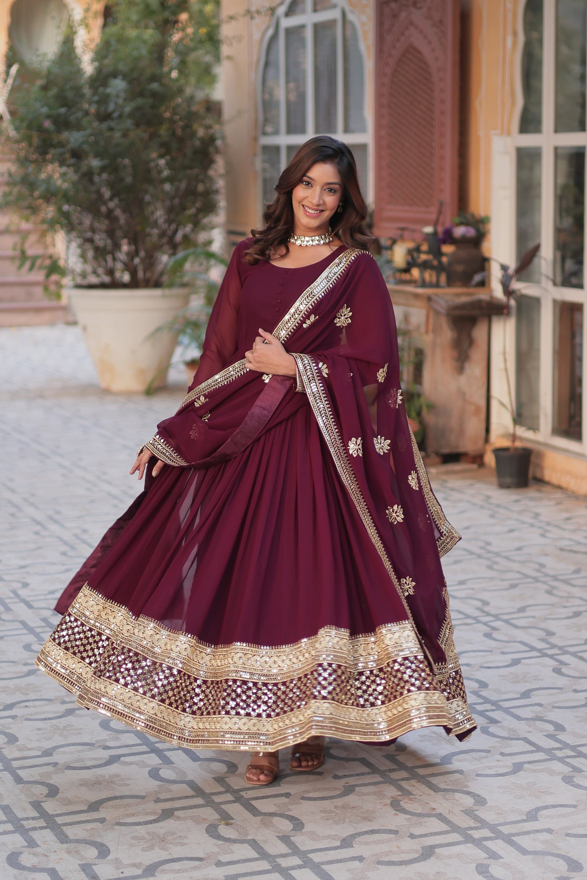 Exquisite Faux Georgette Intricate Zari Sequins Worked Gown With Dupatta - INDIAN ELEGANCE