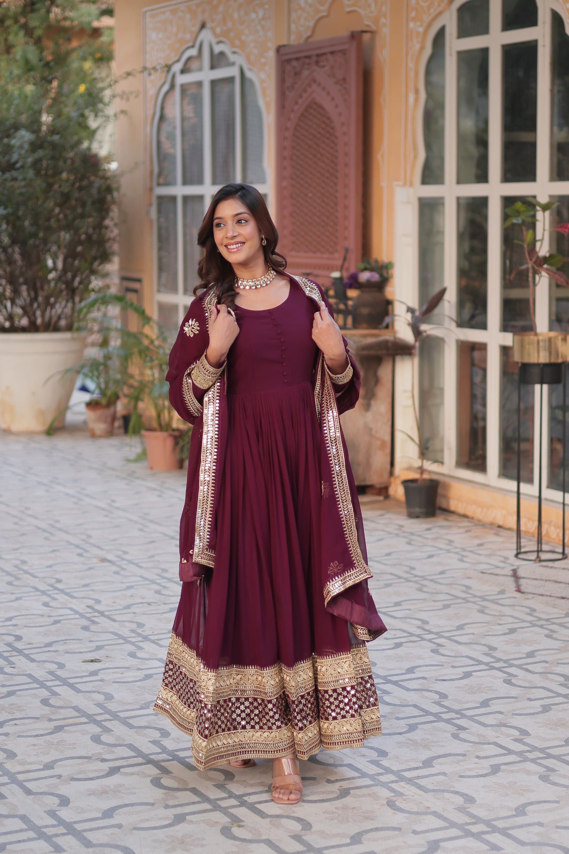 Exquisite Faux Georgette Intricate Zari Sequins Worked Gown With Dupatta - INDIAN ELEGANCE