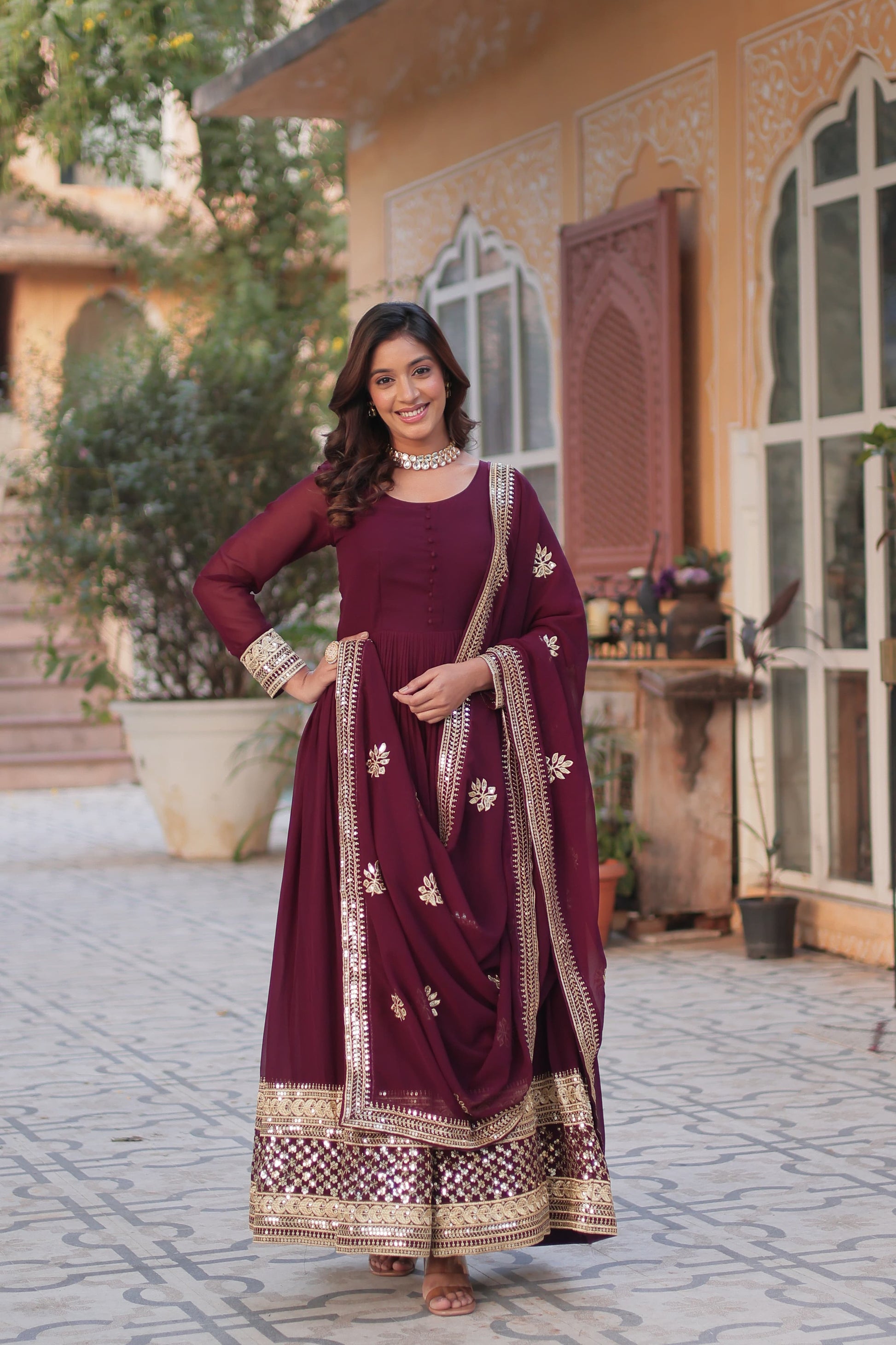 Exquisite Faux Georgette Intricate Zari Sequins Worked Gown With Dupatta - INDIAN ELEGANCE
