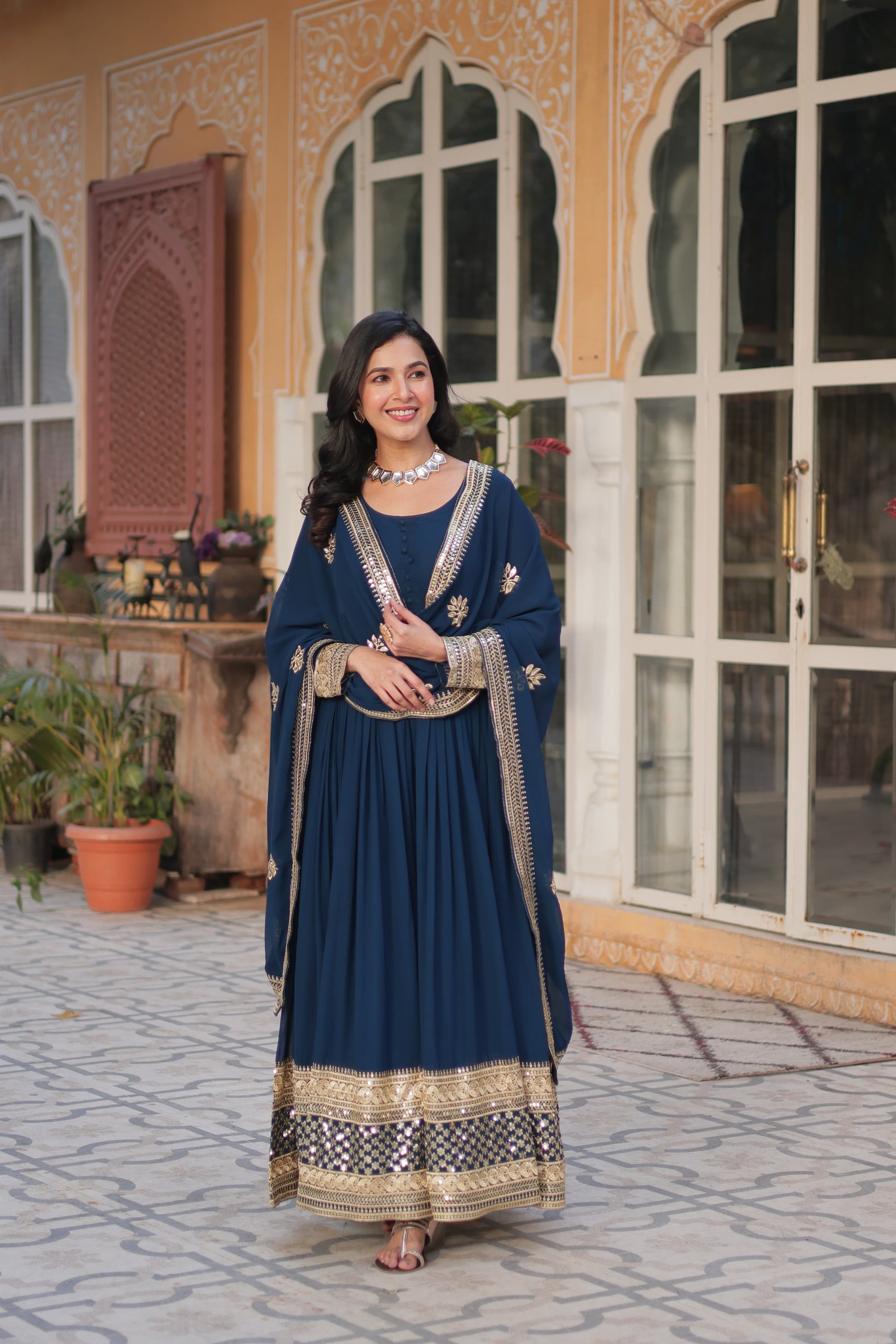 Exquisite Faux Georgette Intricate Zari Sequins Worked Gown With Dupatta - INDIAN ELEGANCE