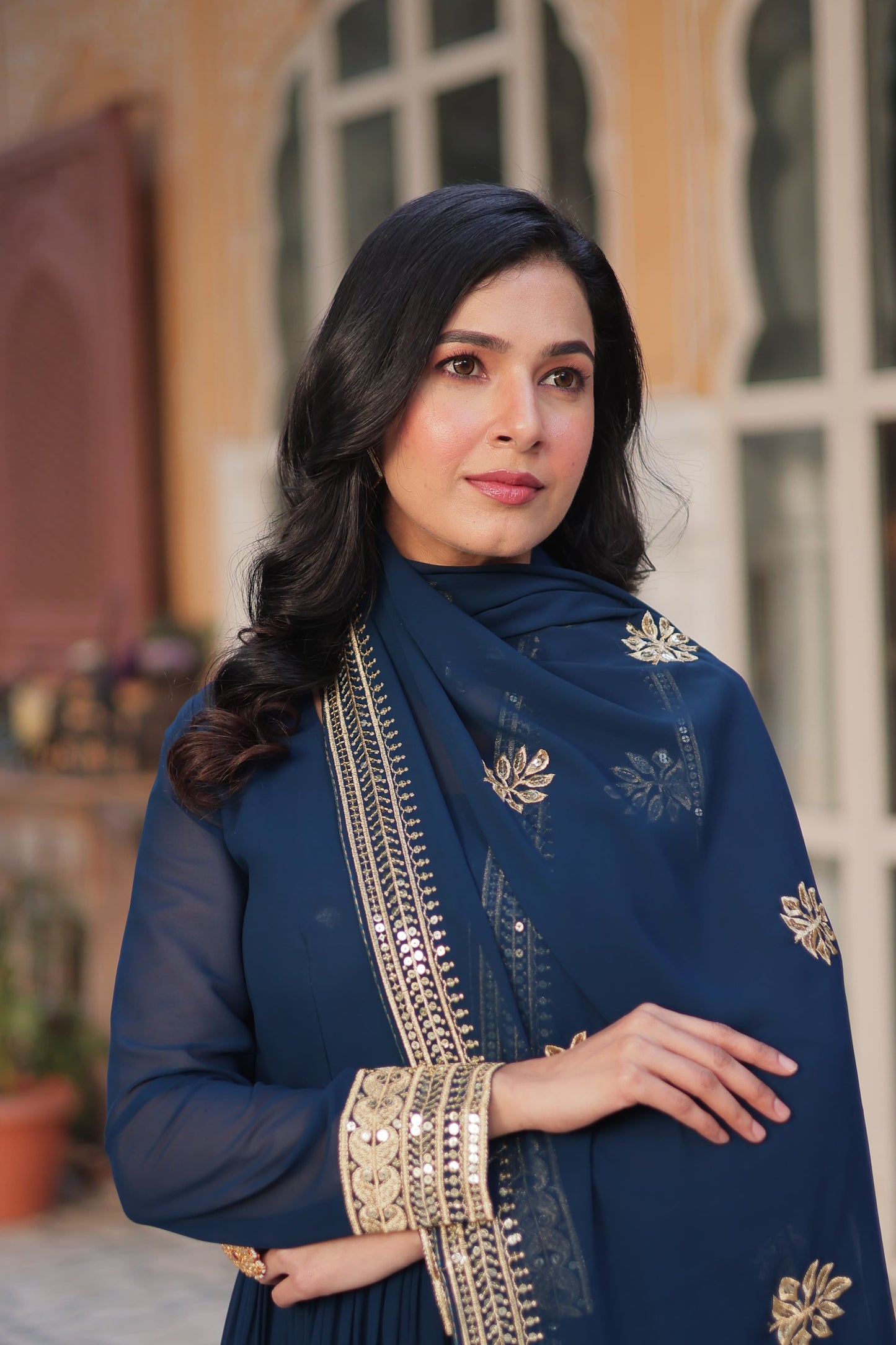 Exquisite Faux Georgette Intricate Zari Sequins Worked Gown With Dupatta - INDIAN ELEGANCE