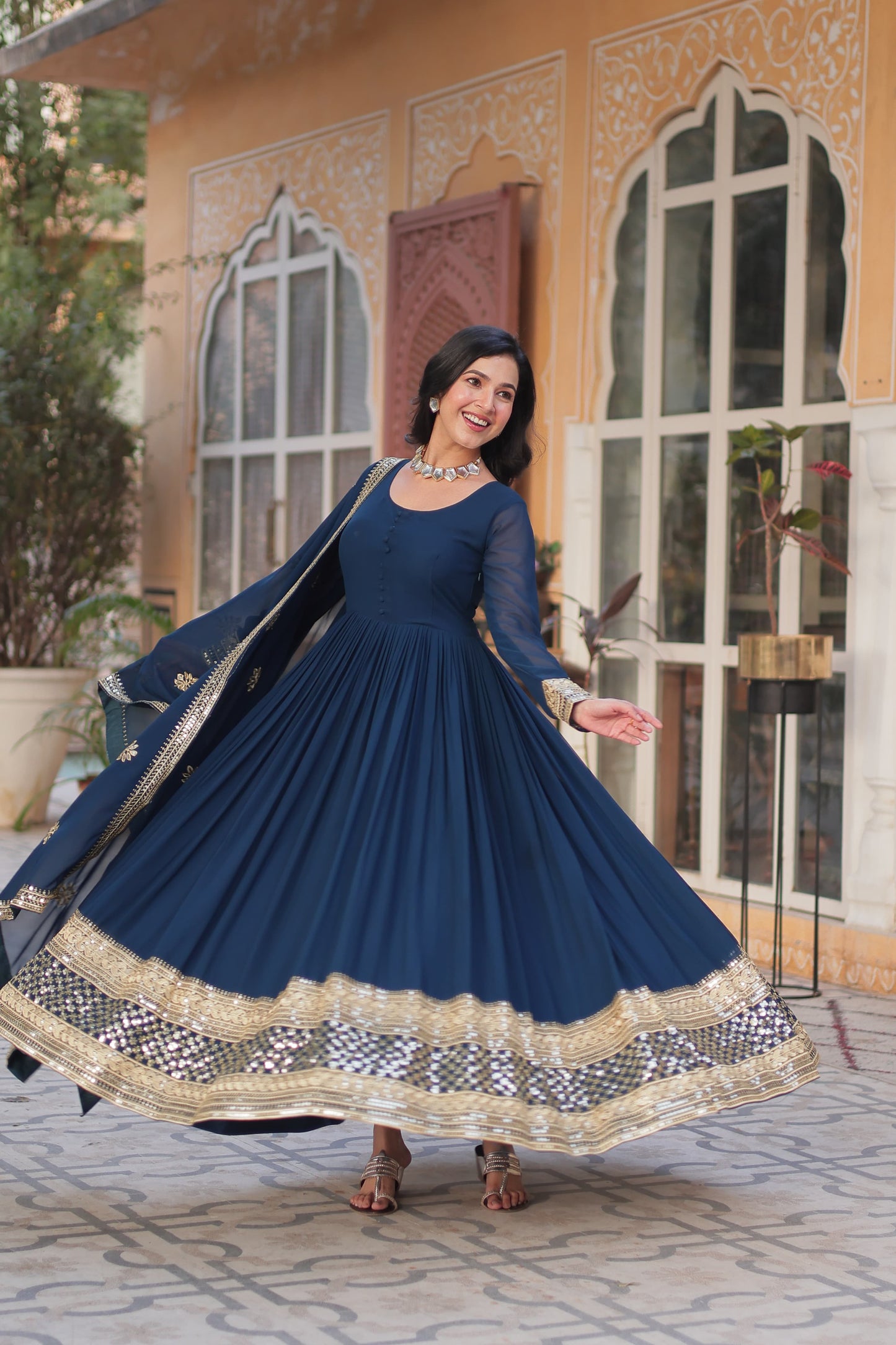 Exquisite Faux Georgette Intricate Zari Sequins Worked Gown With Dupatta - INDIAN ELEGANCE