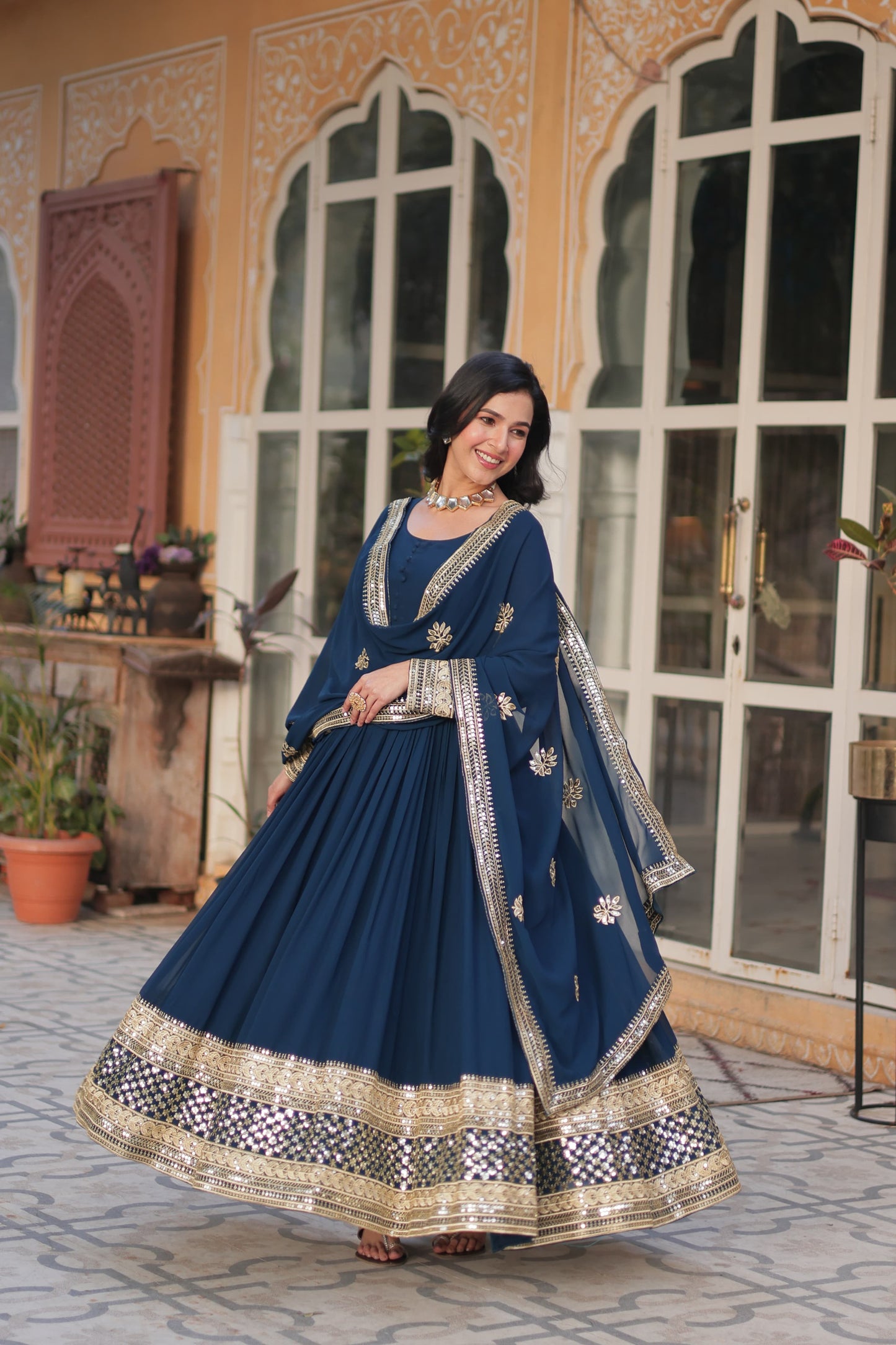Exquisite Faux Georgette Intricate Zari Sequins Worked Gown With Dupatta - INDIAN ELEGANCE