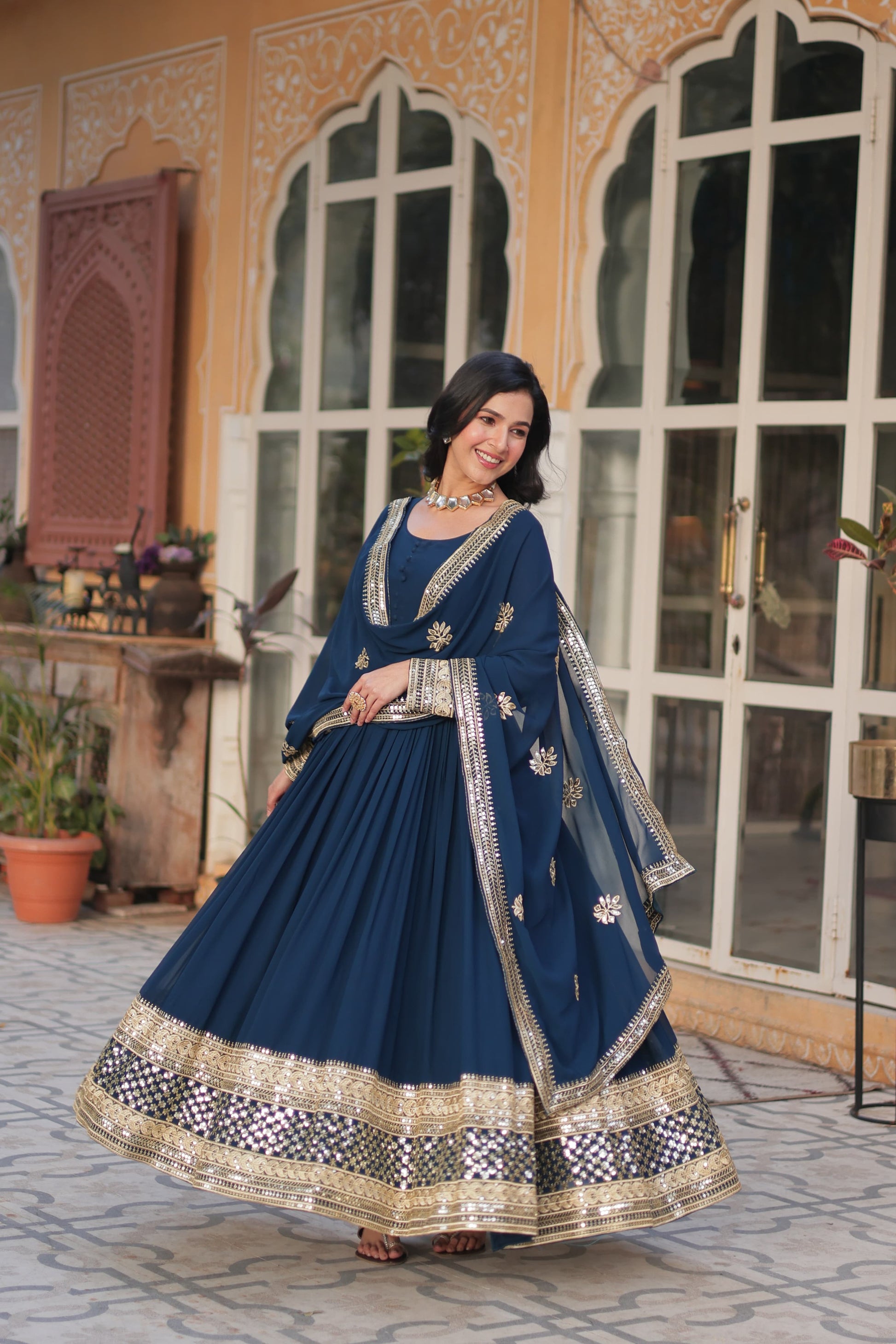 Exquisite Faux Georgette Intricate Zari Sequins Worked Gown With Dupatta - INDIAN ELEGANCE