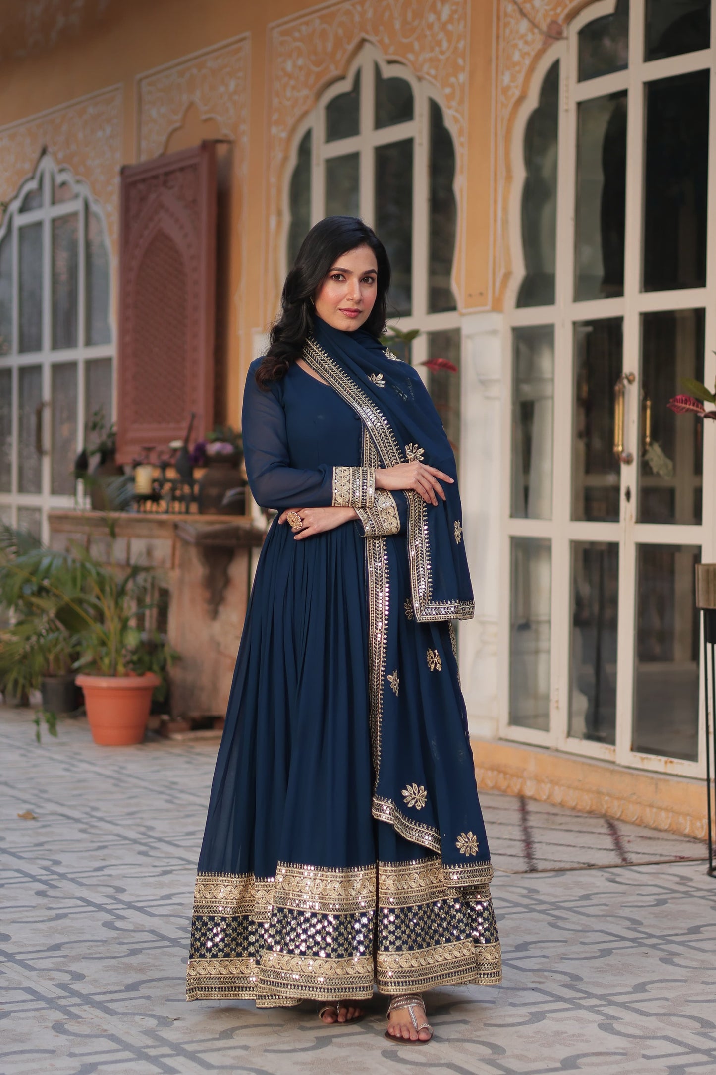 Exquisite Faux Georgette Intricate Zari Sequins Worked Gown With Dupatta - INDIAN ELEGANCE
