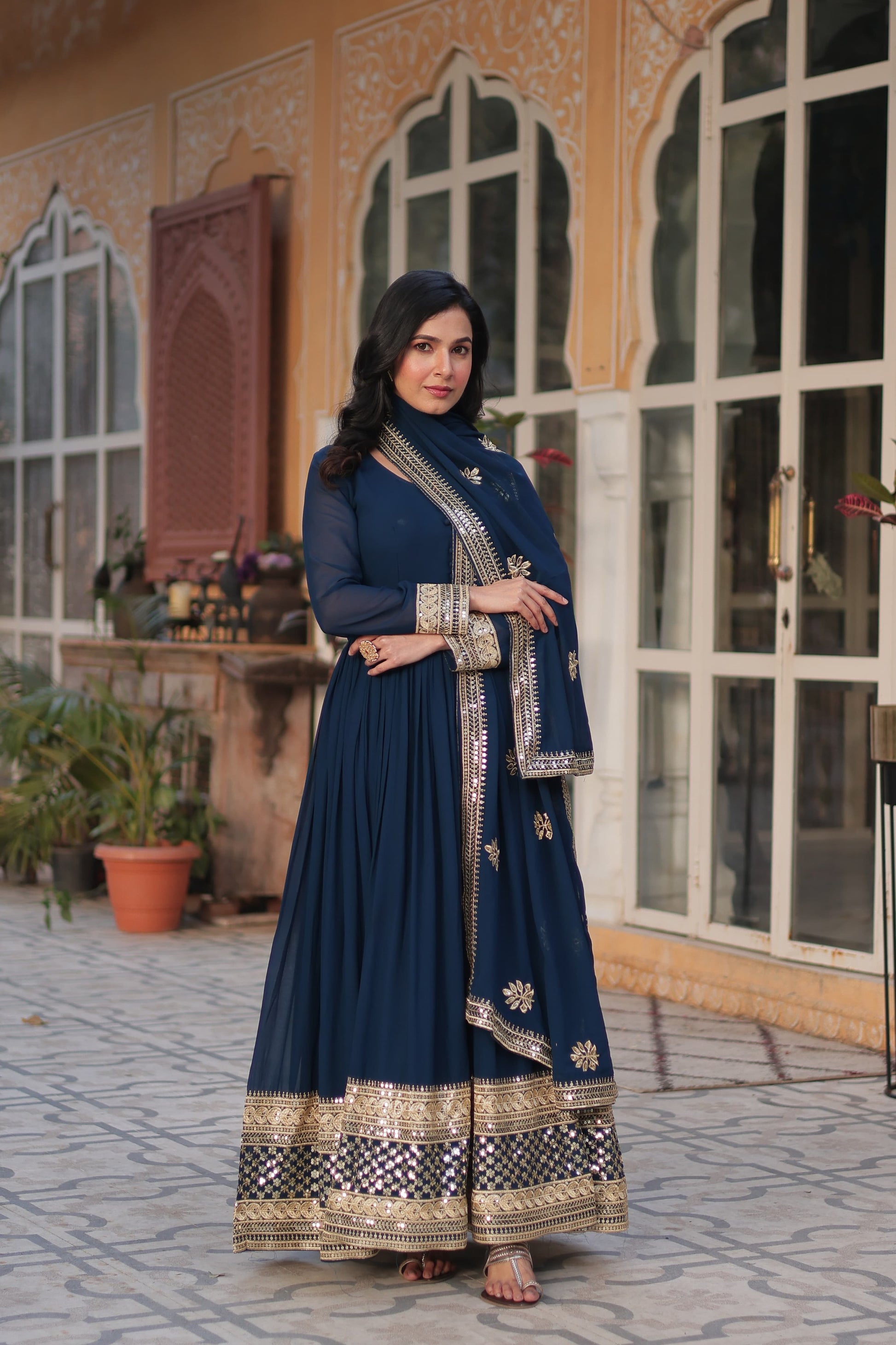 Exquisite Faux Georgette Intricate Zari Sequins Worked Gown With Dupatta - INDIAN ELEGANCE