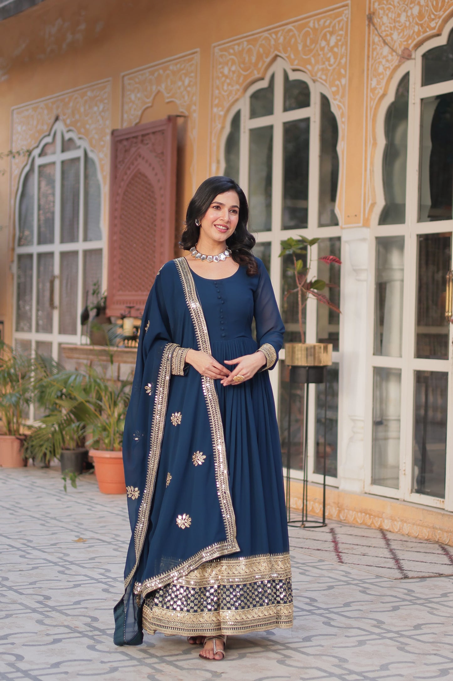 Exquisite Faux Georgette Intricate Zari Sequins Worked Gown With Dupatta - INDIAN ELEGANCE