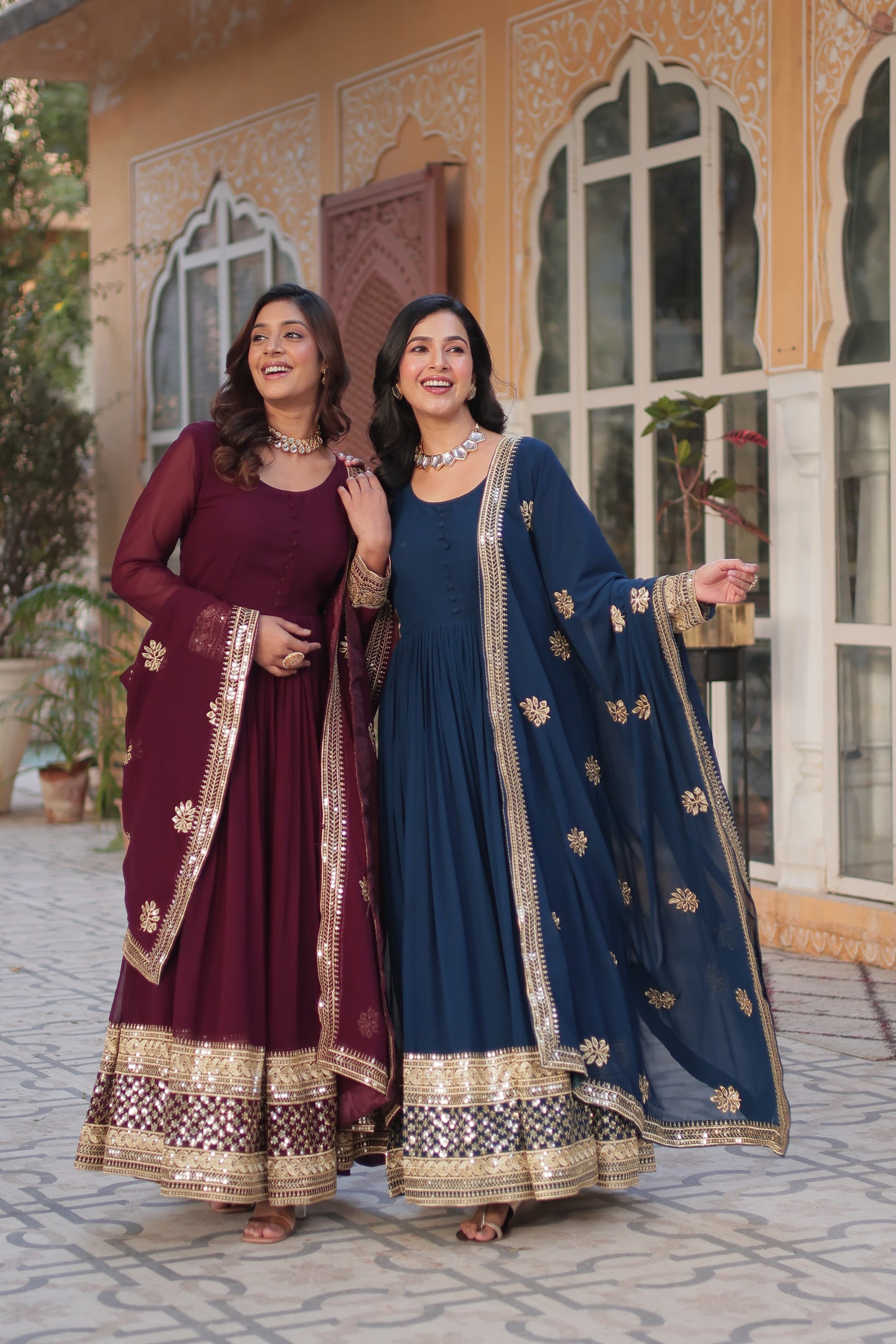 Exquisite Faux Georgette Intricate Zari Sequins Worked Gown With Dupatta - INDIAN ELEGANCE