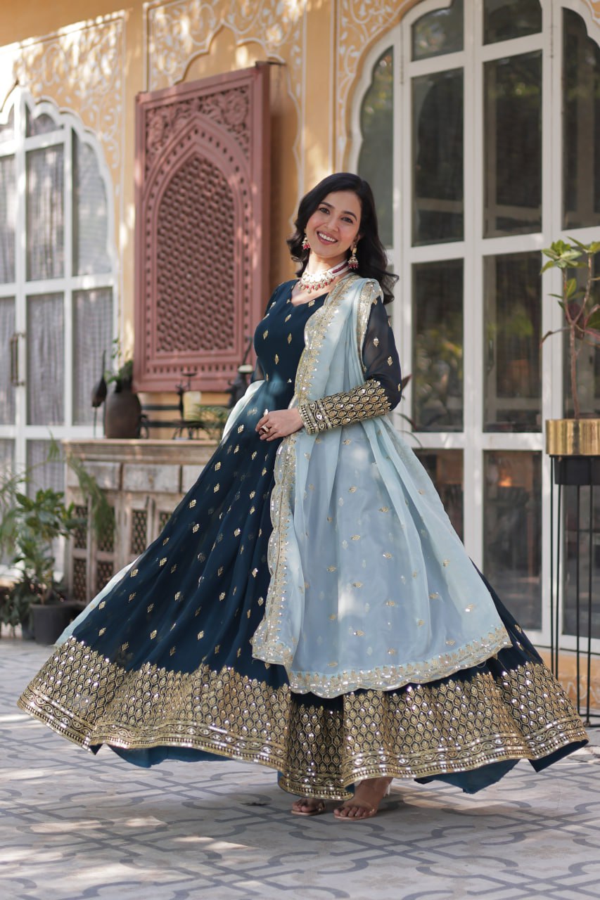 Magnificent Teal Blue Faux Georgette Zari Sequins Worked Gown With Dupatta - INDIAN ELEGANCE