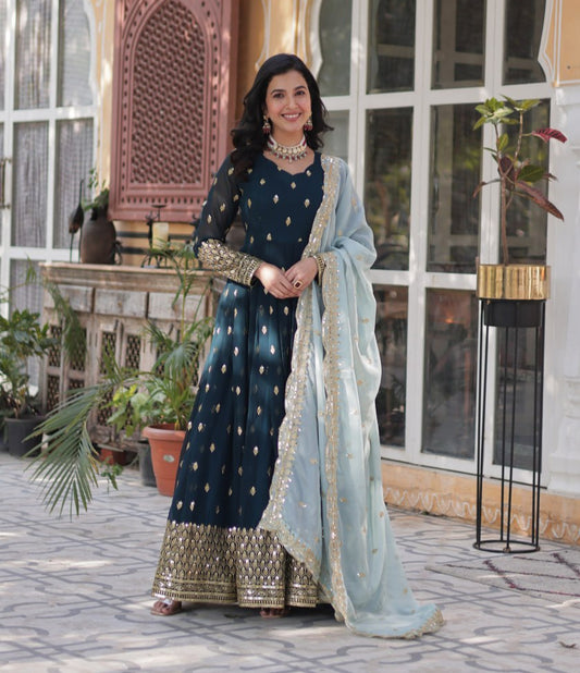 Magnificent Teal Blue Faux Georgette Zari Sequins Worked Gown With Dupatta - INDIAN ELEGANCE