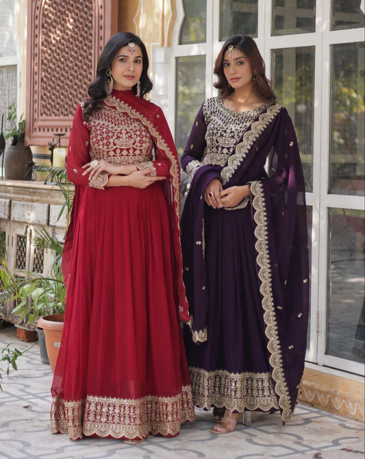 Alluring Intricate Zari Sequins Worked Faux Georgette Gown - INDIAN ELEGANCE