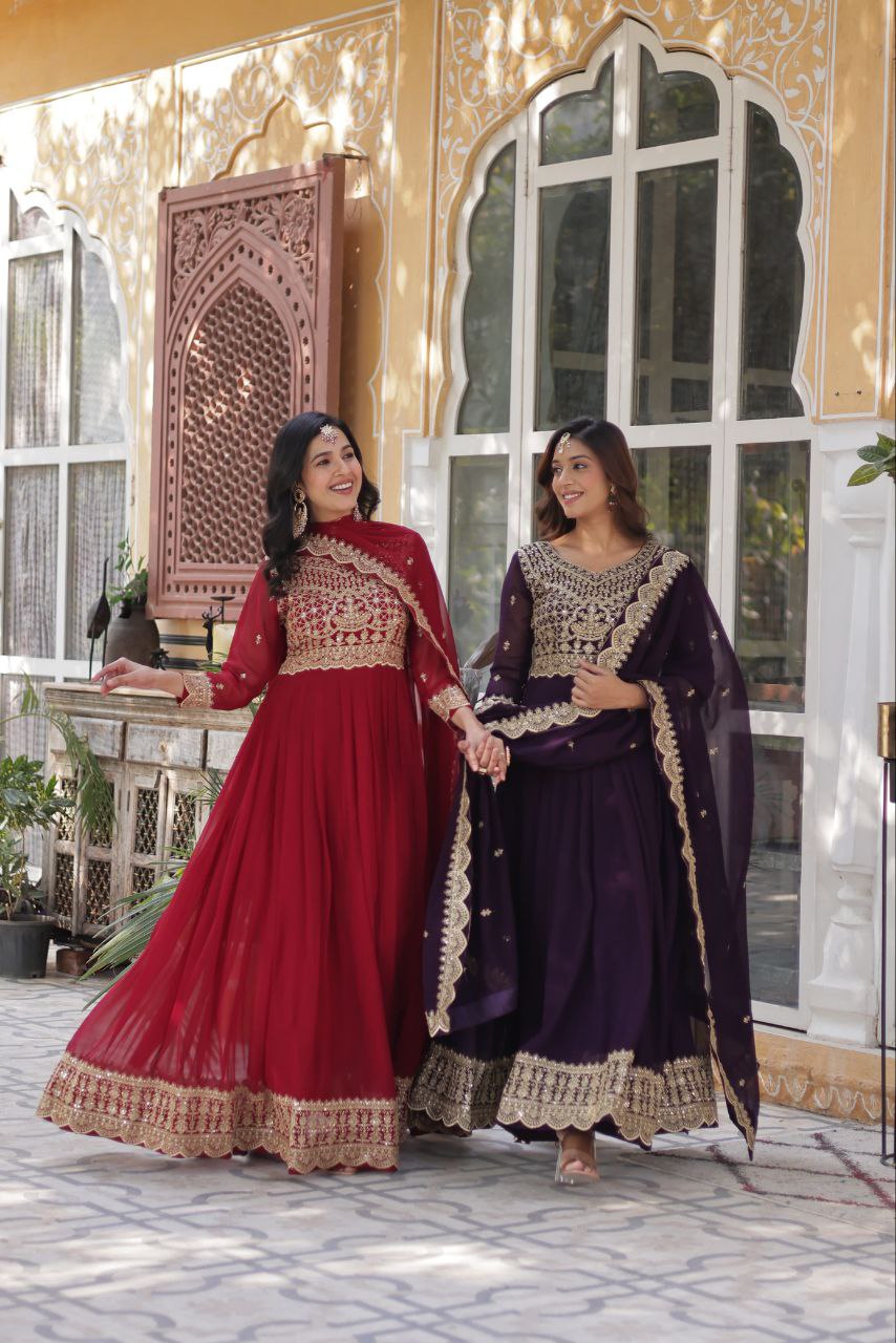 Alluring Intricate Zari Sequins Worked Faux Georgette Gown - INDIAN ELEGANCE