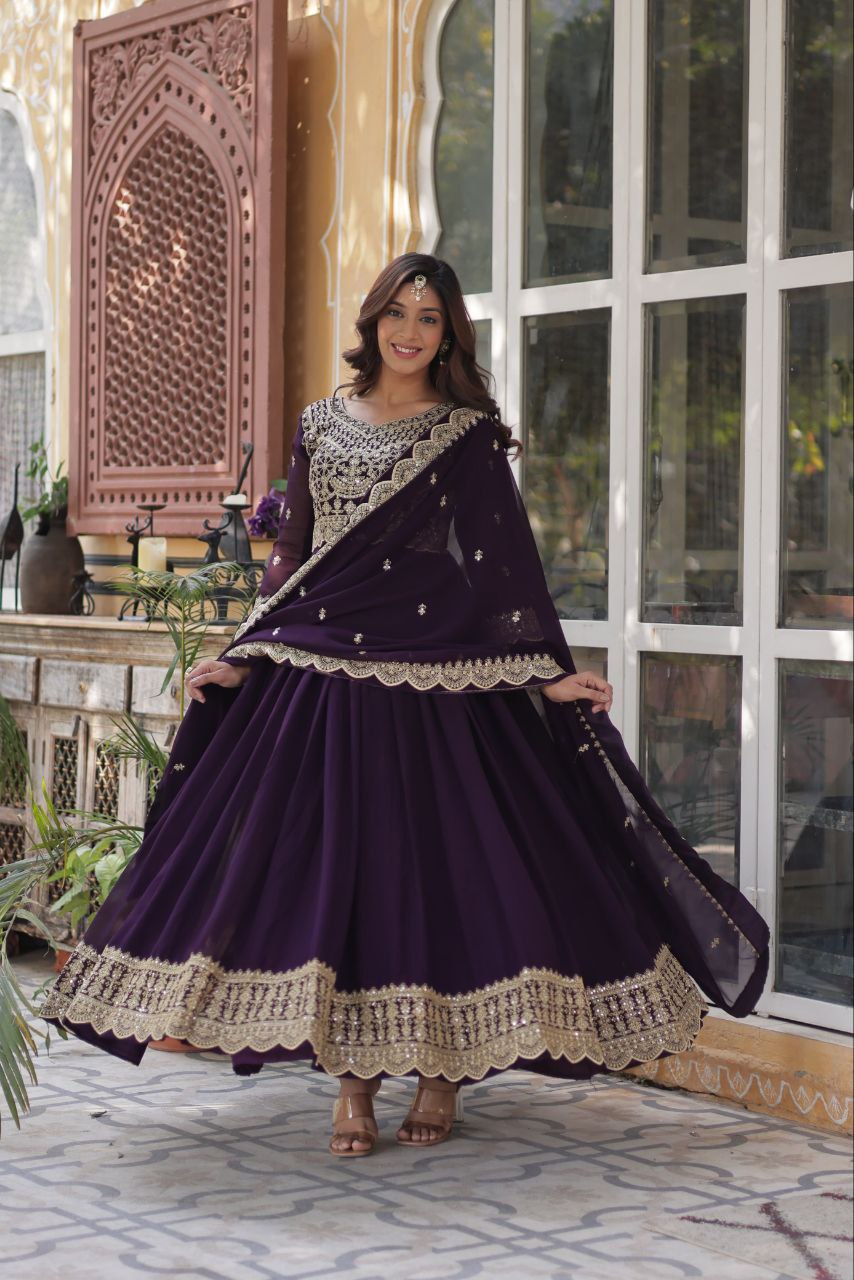 Alluring Intricate Zari Sequins Worked Faux Georgette Gown - INDIAN ELEGANCE