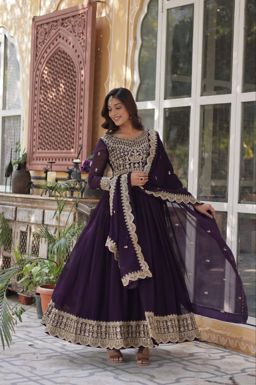 Alluring Intricate Zari Sequins Worked Faux Georgette Gown - INDIAN ELEGANCE