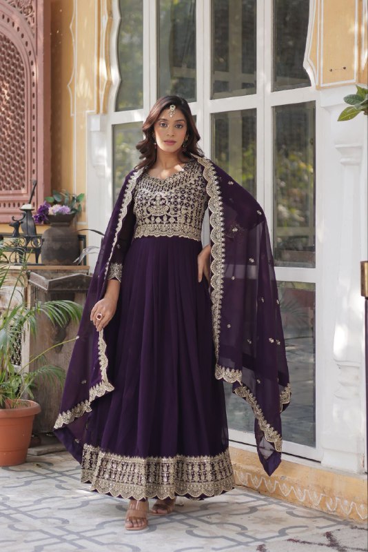 Alluring Intricate Zari Sequins Worked Faux Georgette Gown - INDIAN ELEGANCE
