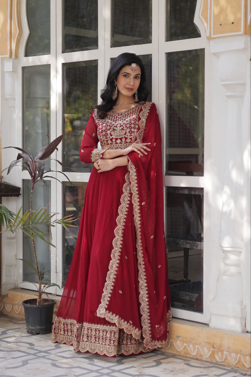 Alluring Intricate Zari Sequins Worked Faux Georgette Gown - INDIAN ELEGANCE