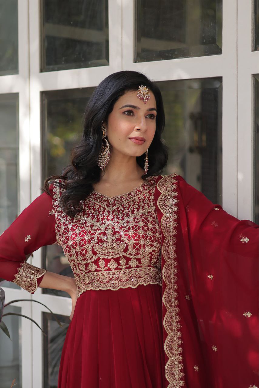 Alluring Intricate Zari Sequins Worked Faux Georgette Gown - INDIAN ELEGANCE