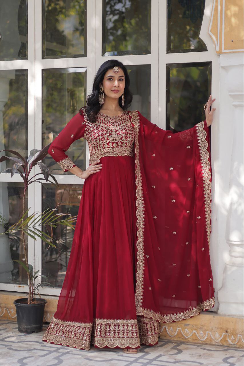 Alluring Intricate Zari Sequins Worked Faux Georgette Gown - INDIAN ELEGANCE