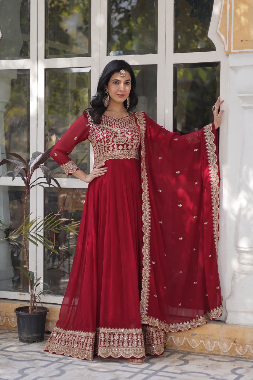 Alluring Intricate Zari Sequins Worked Faux Georgette Gown - INDIAN ELEGANCE
