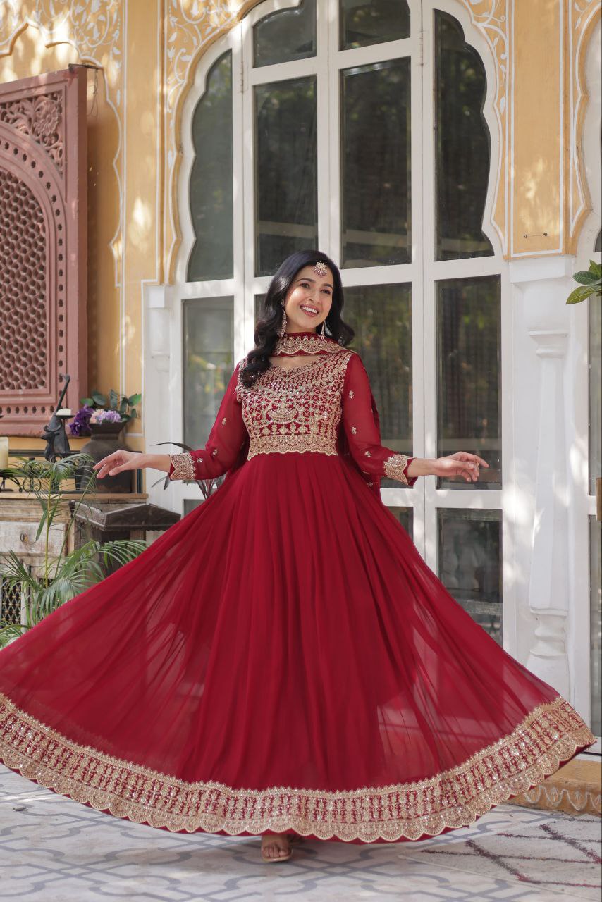 Alluring Intricate Zari Sequins Worked Faux Georgette Gown - INDIAN ELEGANCE