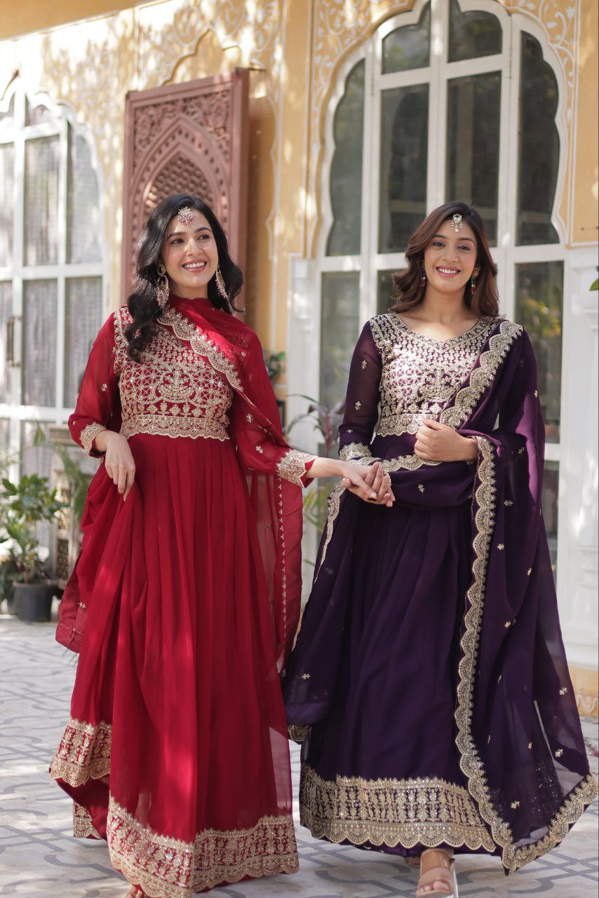 Alluring Intricate Zari Sequins Worked Faux Georgette Gown - INDIAN ELEGANCE