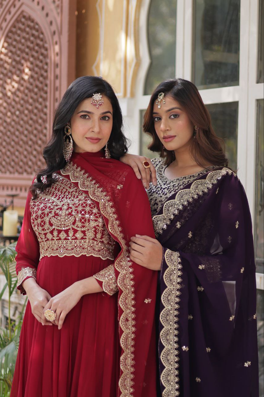 Alluring Intricate Zari Sequins Worked Faux Georgette Gown - INDIAN ELEGANCE