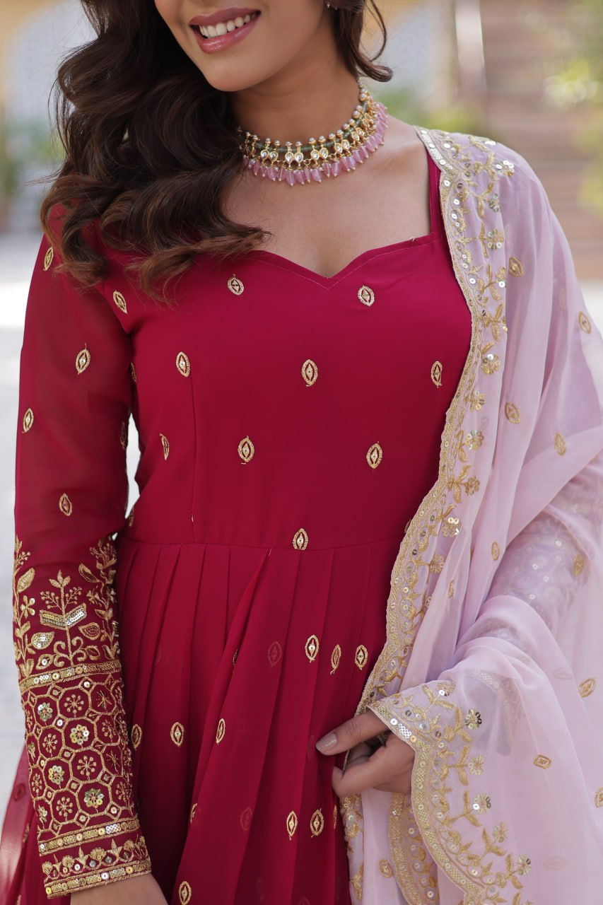 Lovely Maroon Faux Georgette Zari Sequins Worked Gown With Dupatta - INDIAN ELEGANCE