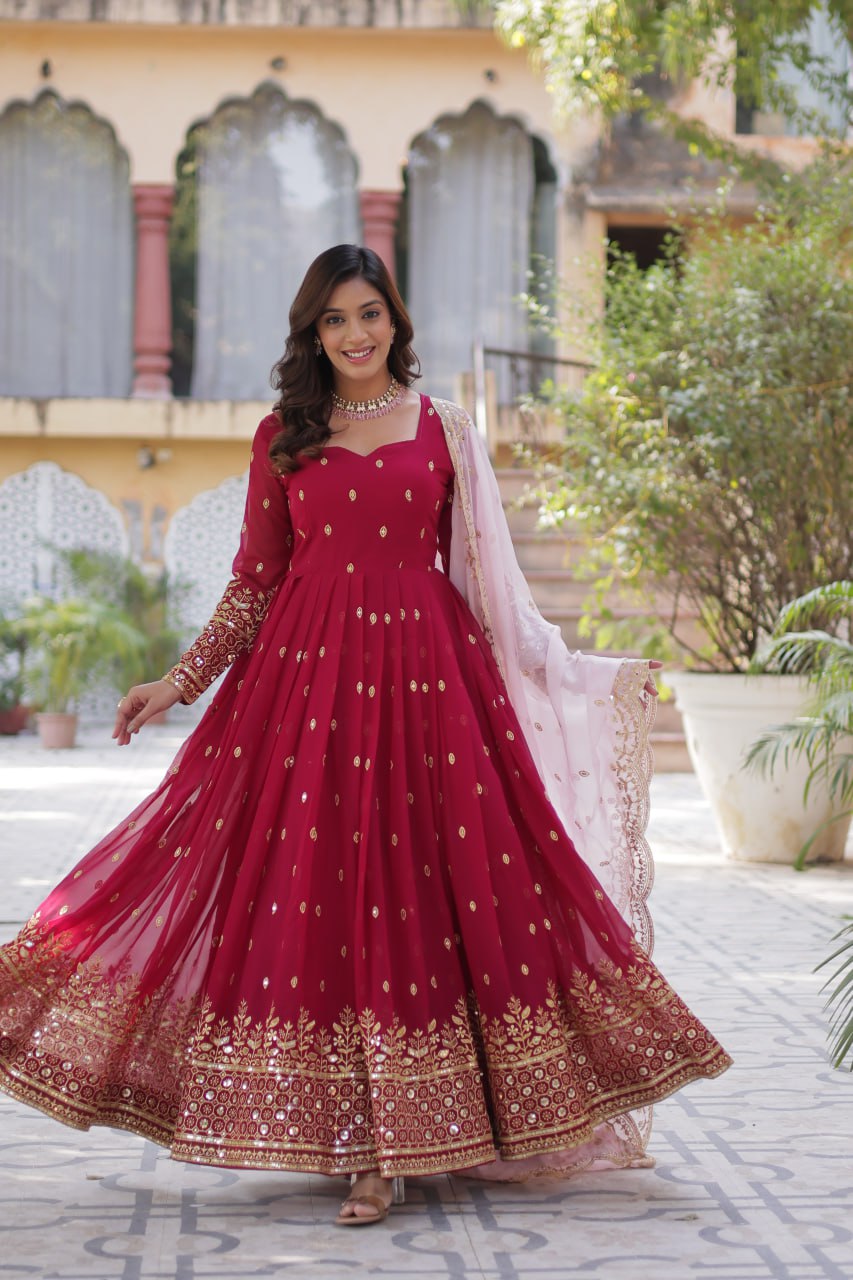Lovely Maroon Faux Georgette Zari Sequins Worked Gown With Dupatta - INDIAN ELEGANCE