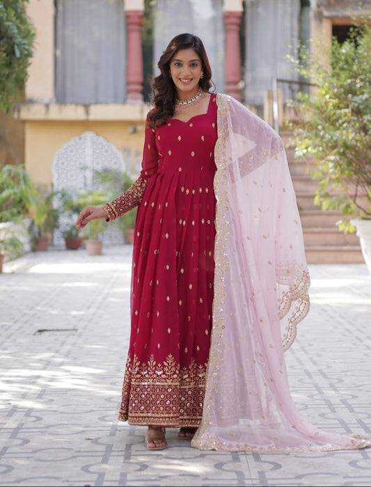 Lovely Maroon Faux Georgette Zari Sequins Worked Gown With Dupatta - INDIAN ELEGANCE