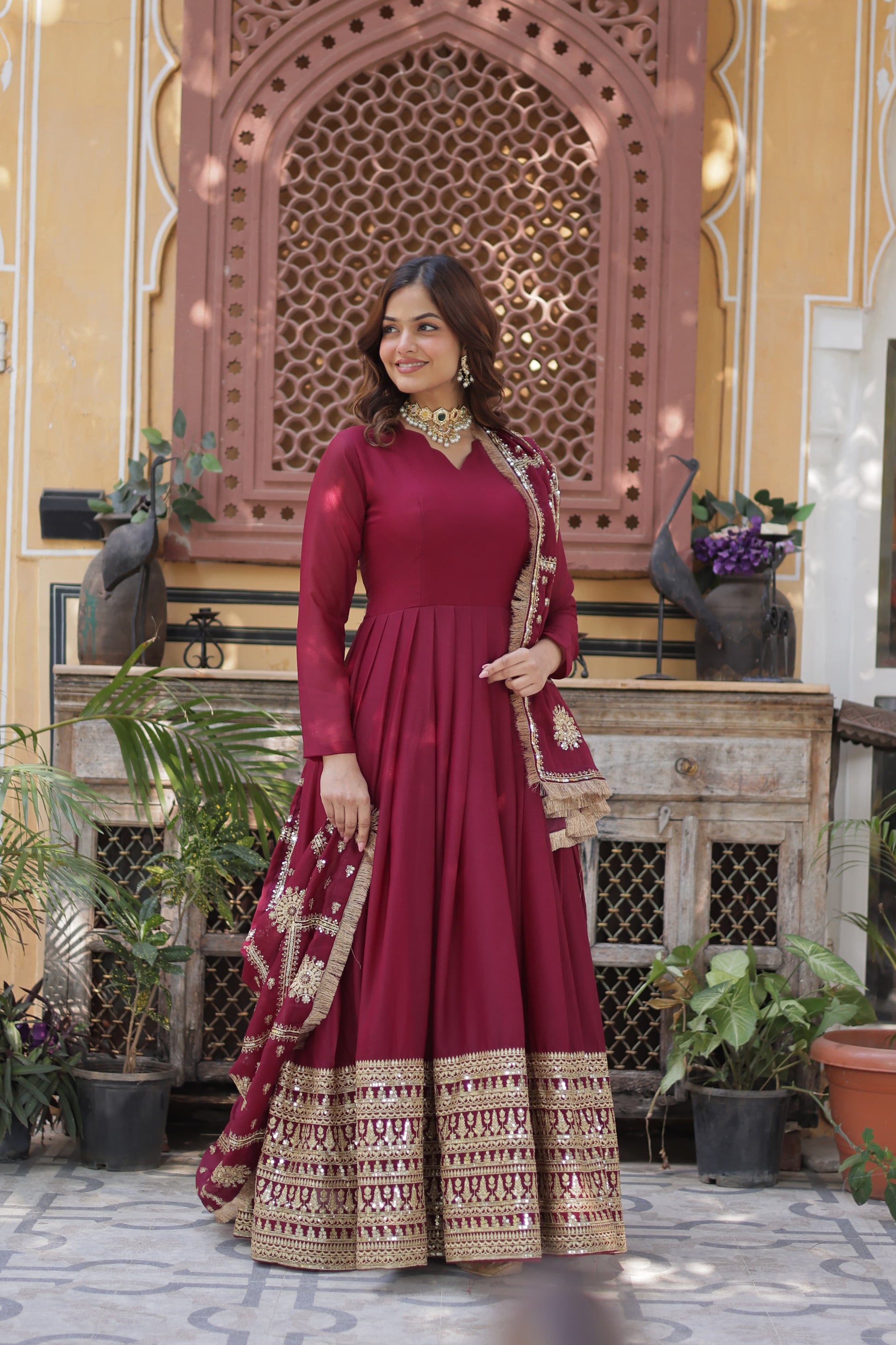 Lovely Georgette Embroidered Zari Sequins Worked Gown With Dupatta - INDIAN ELEGANCE